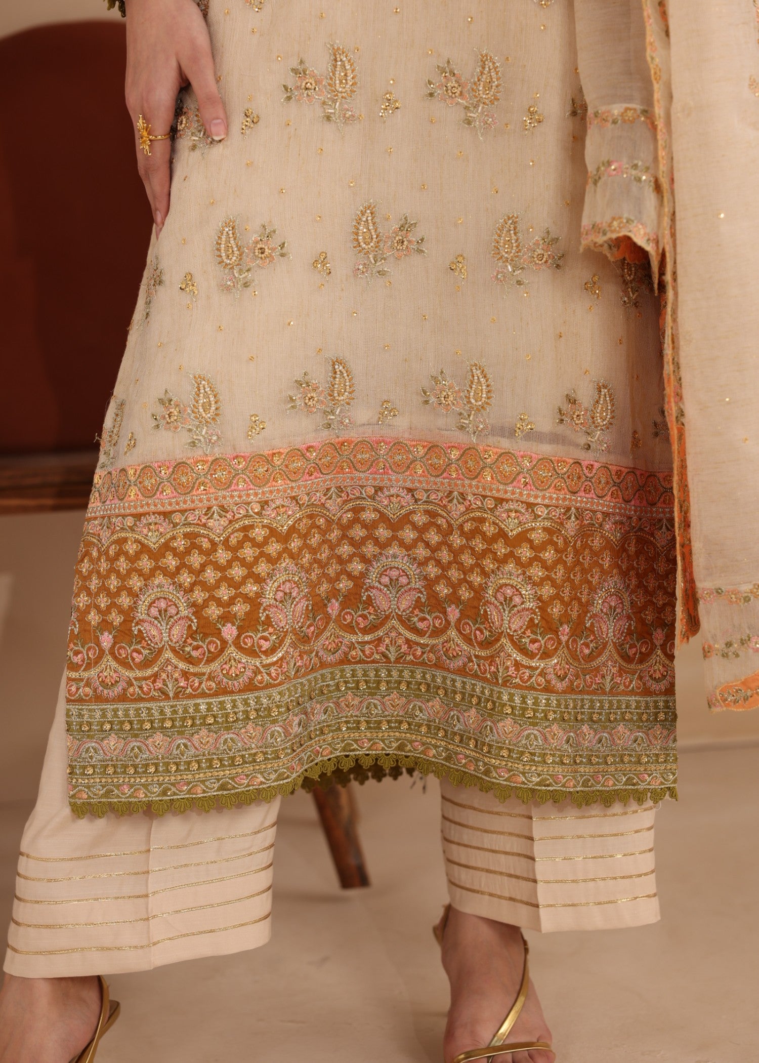 khaddi net Kurta Set in Beige