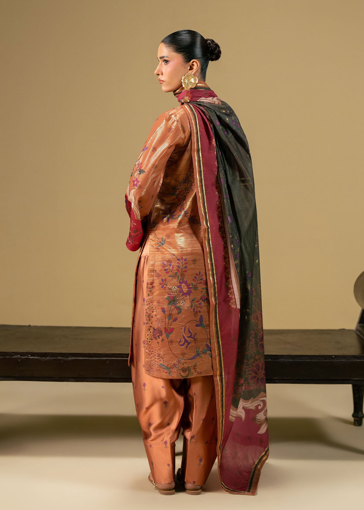 zari net Kurta Set in Rust orange
