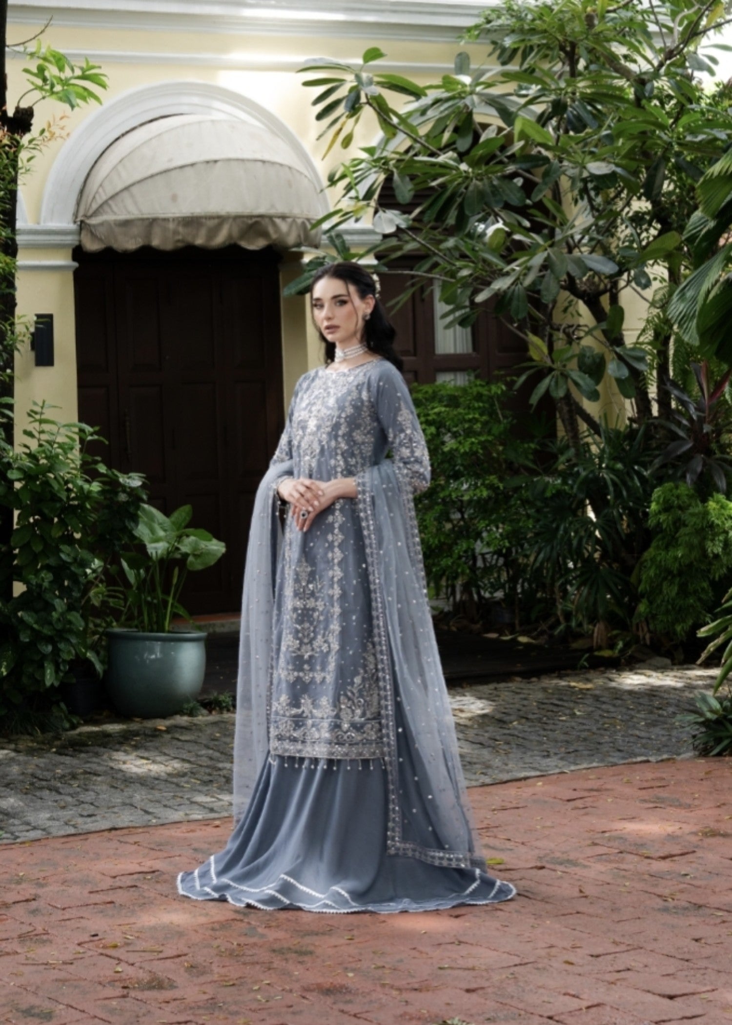 net Lehenga in Slate grey