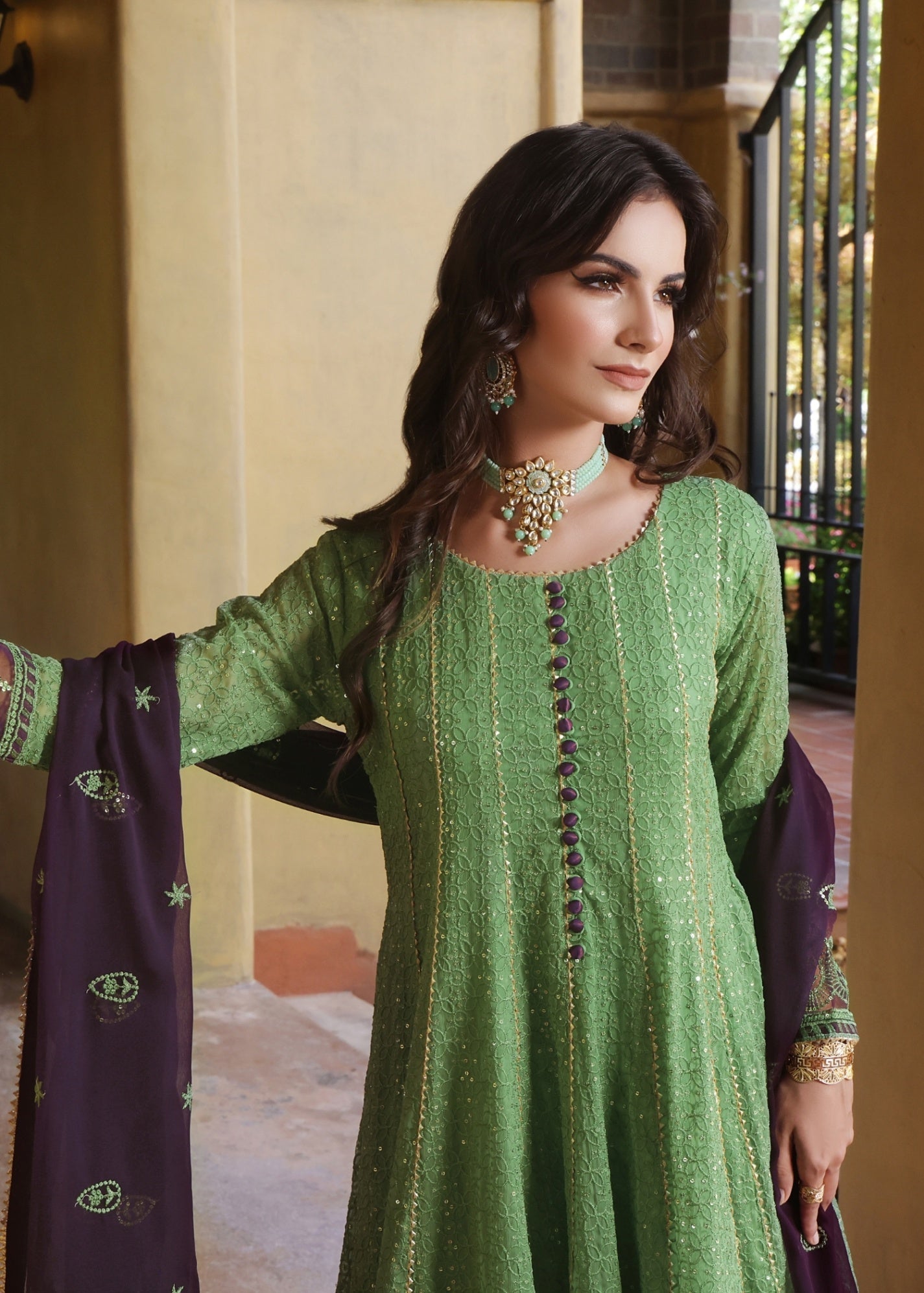 chiffon Pishwas in Pistachio green