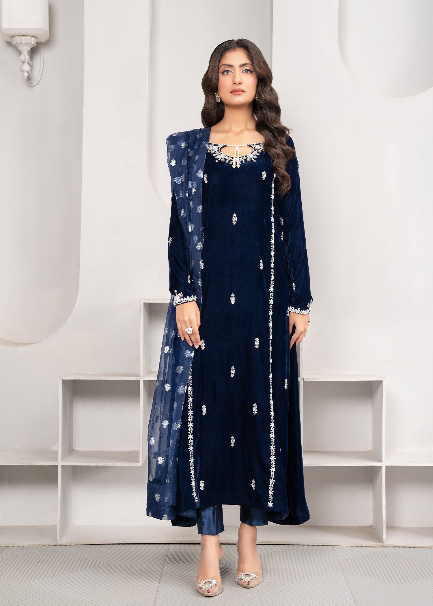 velvet Kurta Set in Blue