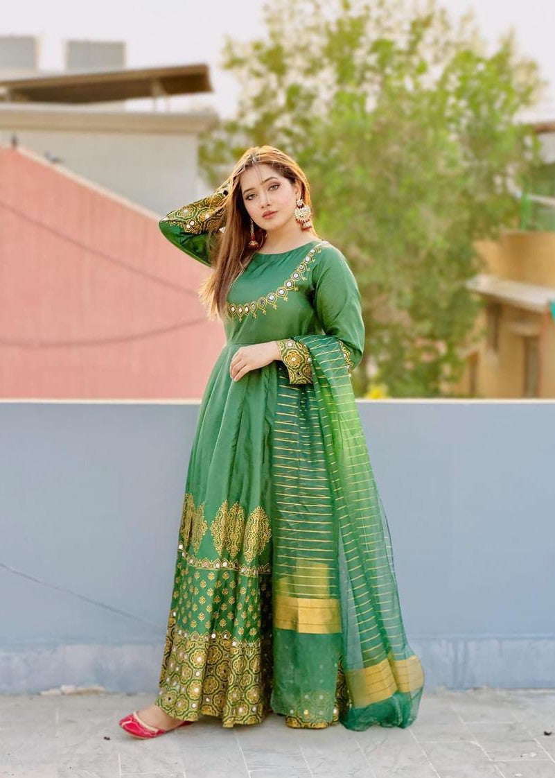 satin silk Anarkali in Green