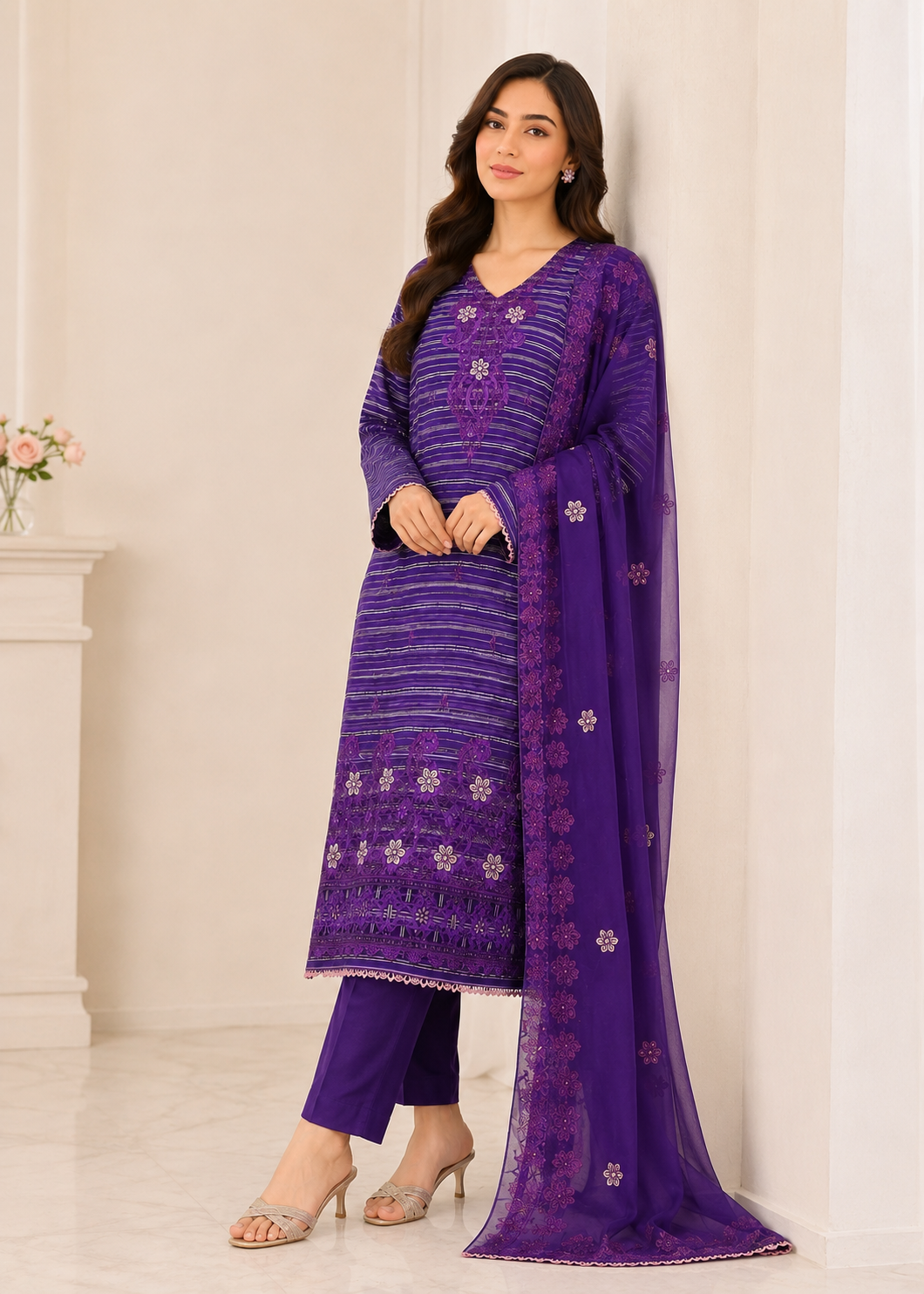 linen Kurta Set in Purple heart