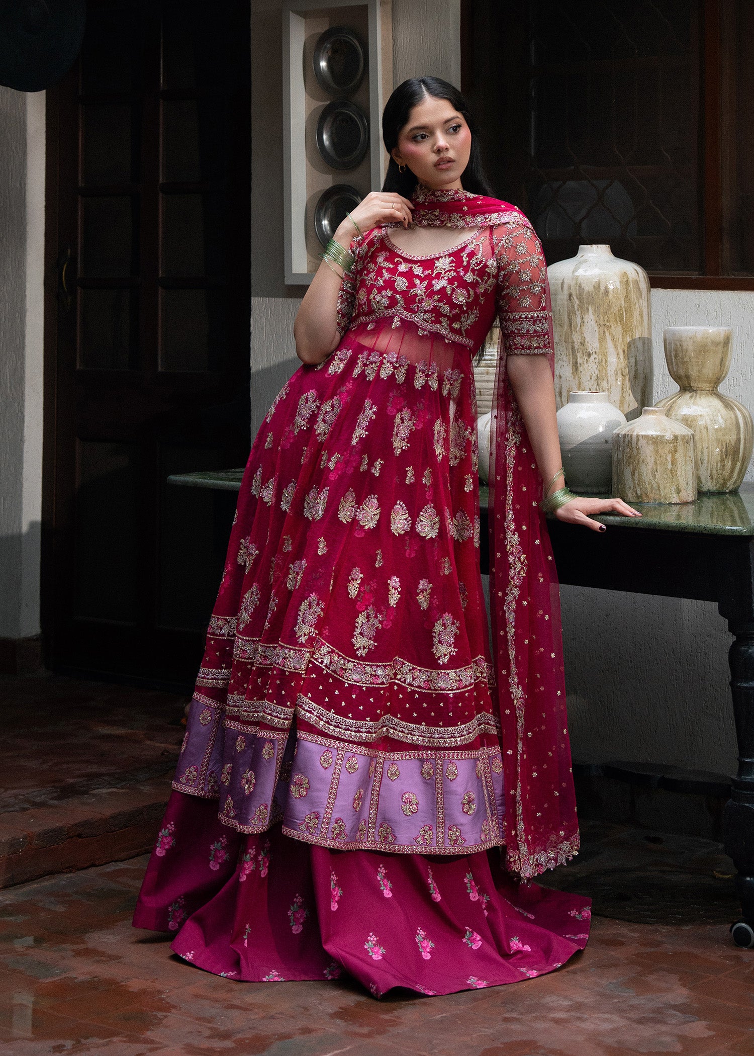polyester net Unstitched in Hot pink, lusty gallant