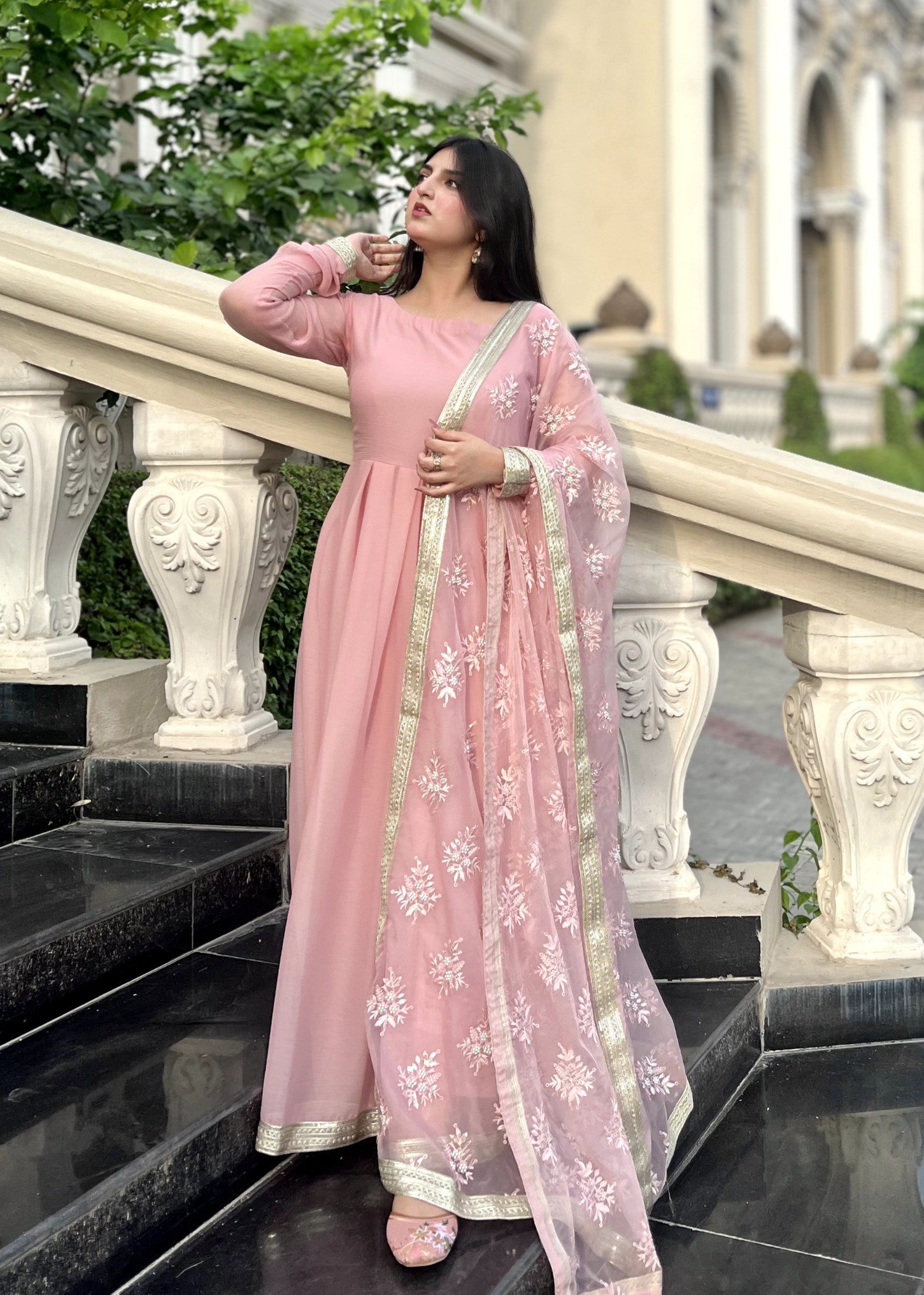 bemberg crinkle chiffon Anarkali in Pastel pink