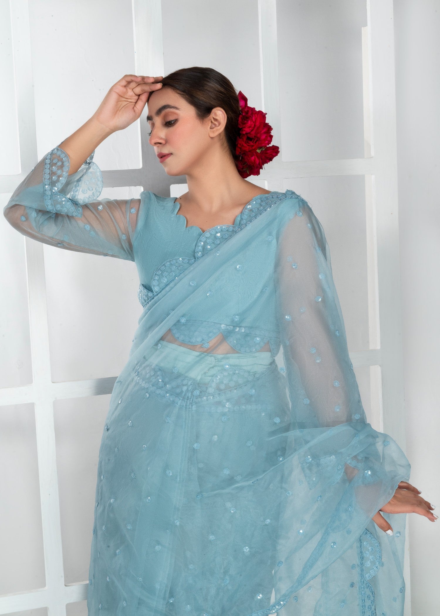 raw silk Saree in Ice blue