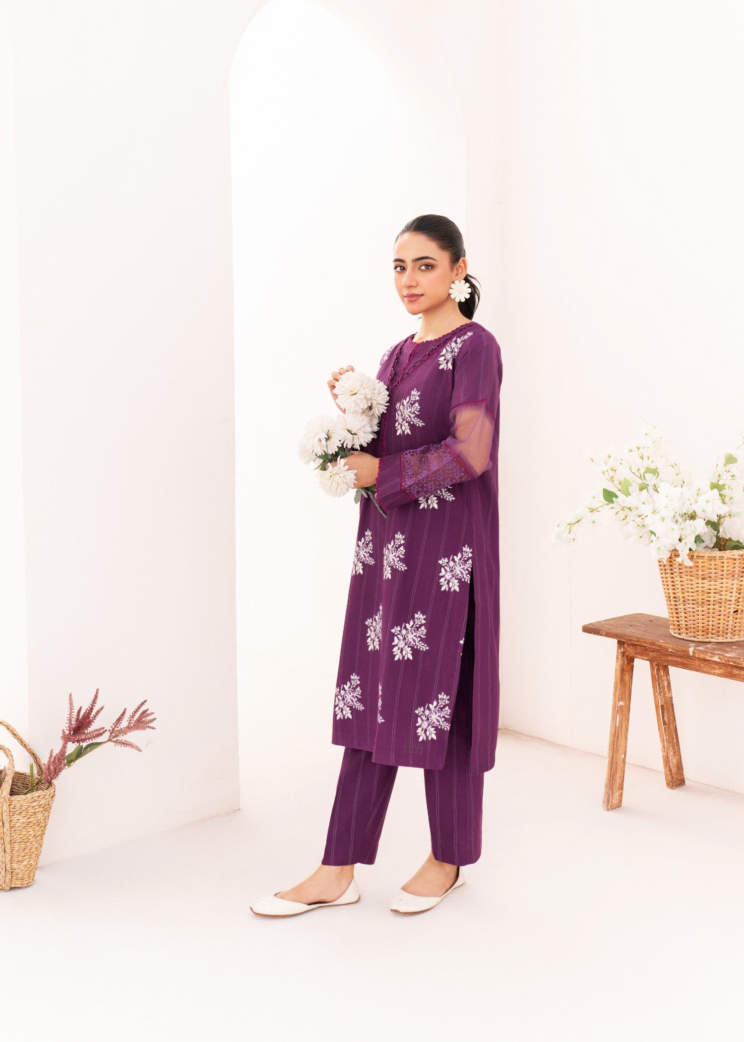 cambric Kurta Set in Purple