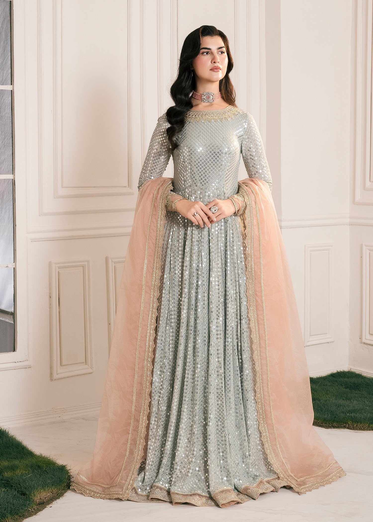chikankari cotton Pishwas in Ice blue