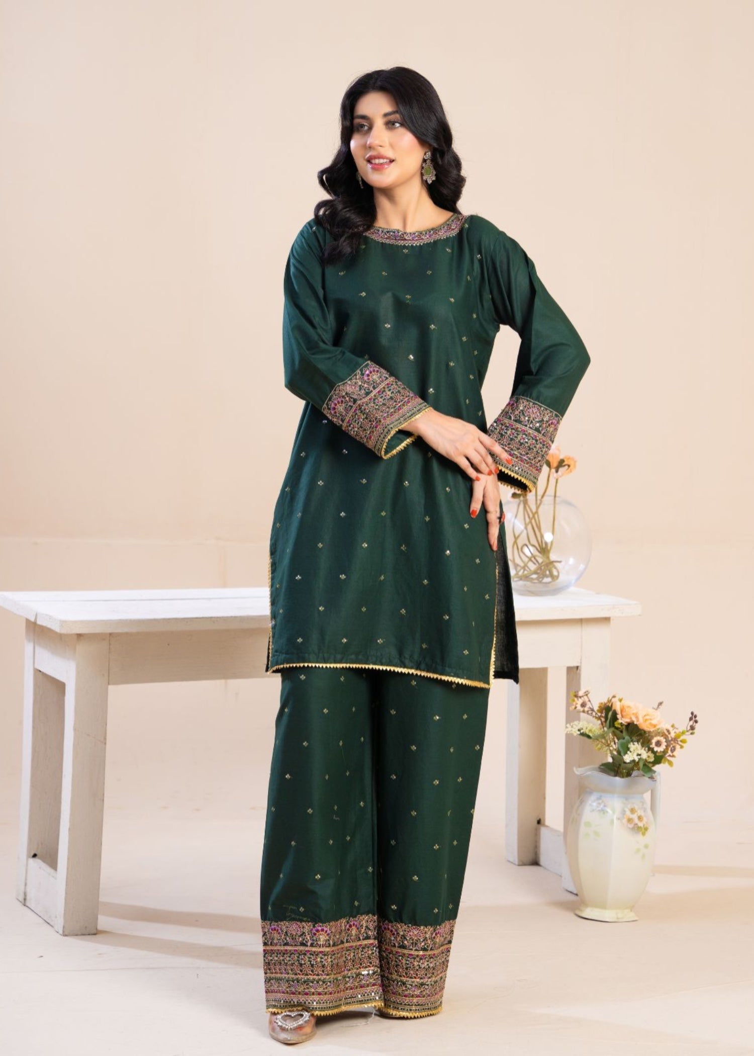 cambric Kurta Set in Bottle green