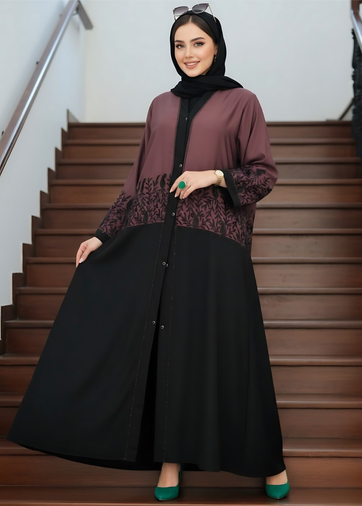 nidha Abaya in Black, dark raspberry