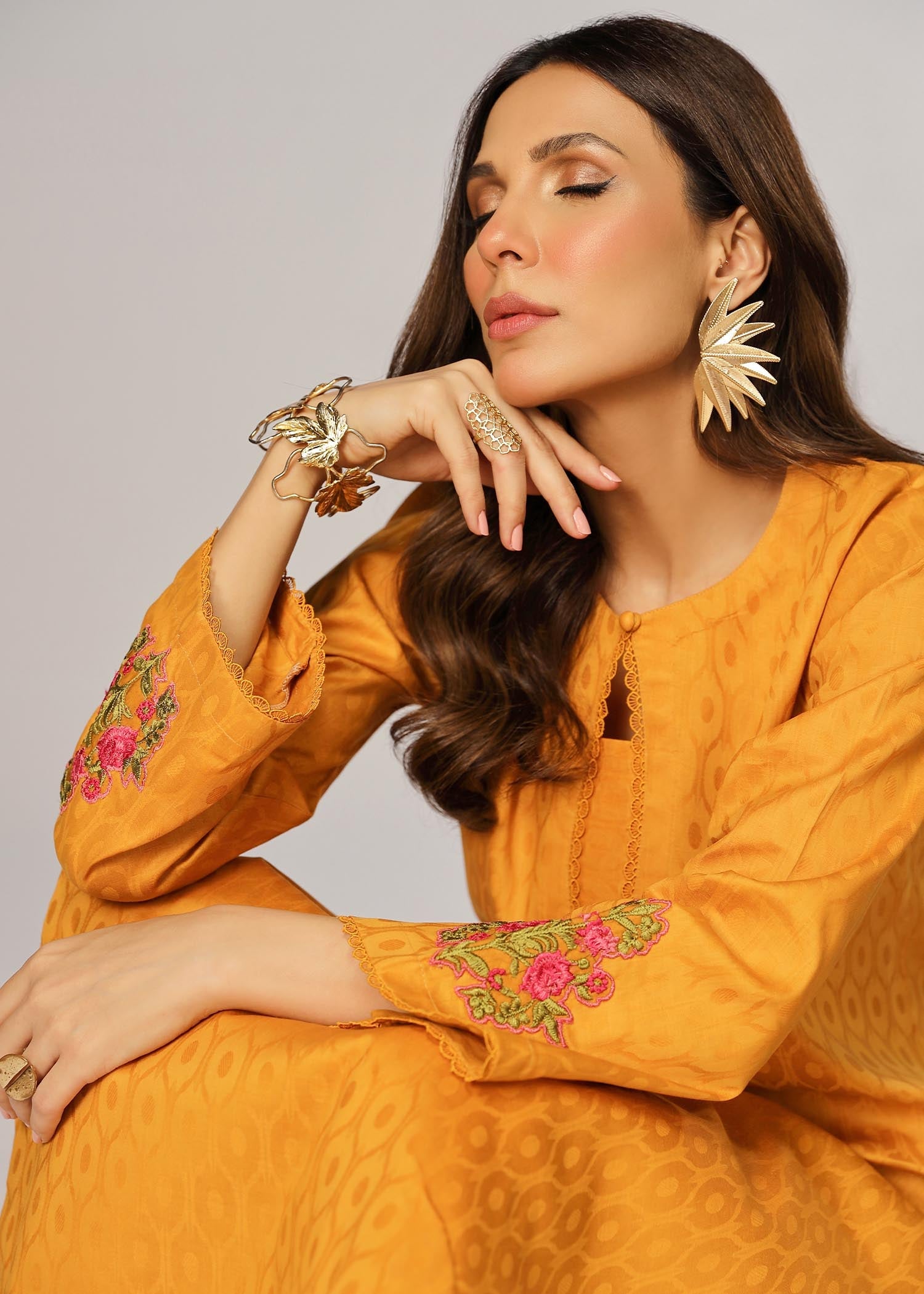 self jacquard Kurta Set in Yellow