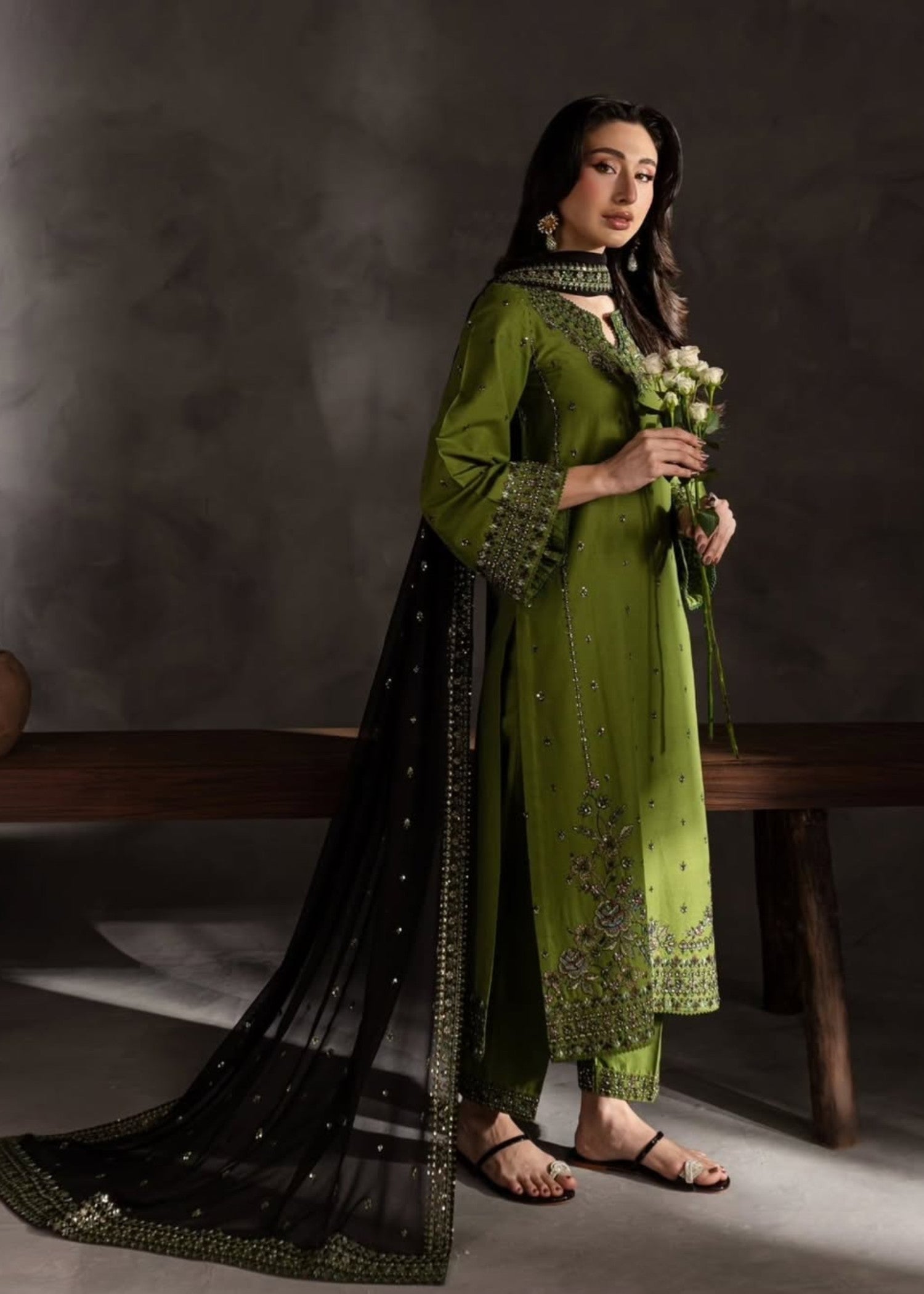 linen Kurta Set in Olive green