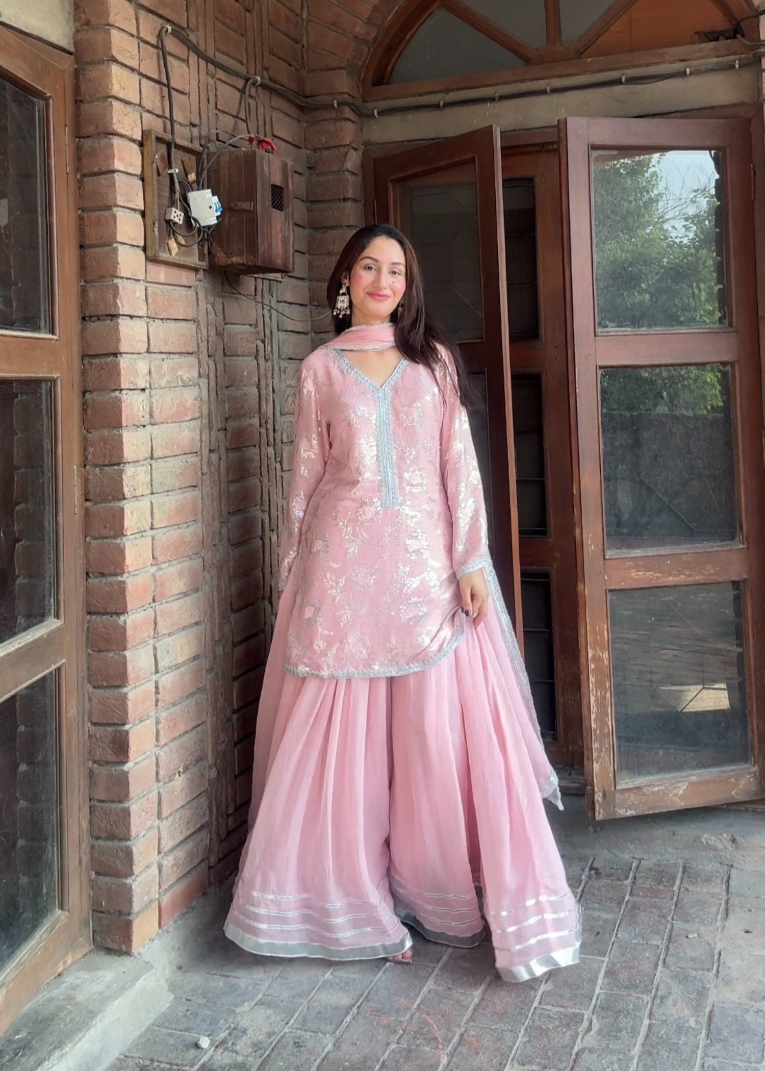bemberg crinkle chiffon Sharara in Pastel pink