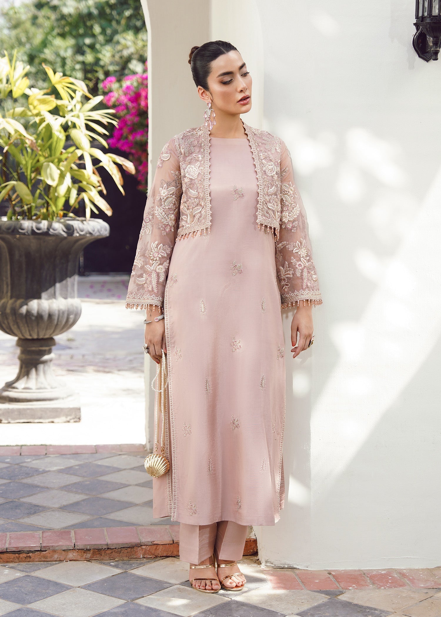 raw silk Kurta Set in Tea rose pink