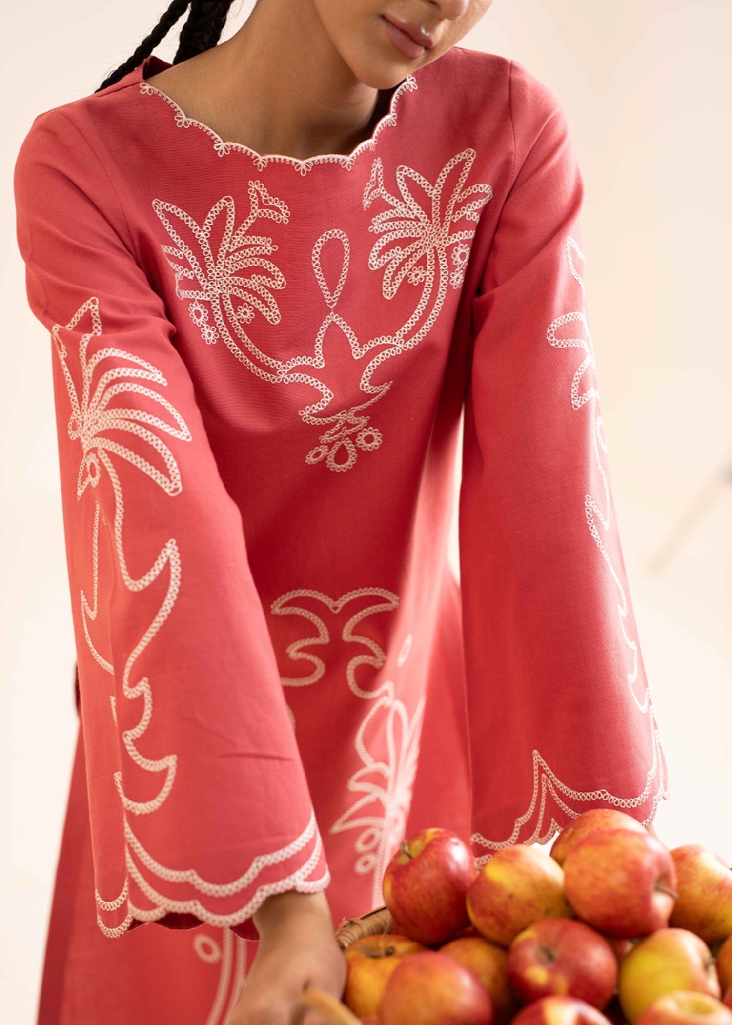 slub khaddar Kurta Set in Coral pink