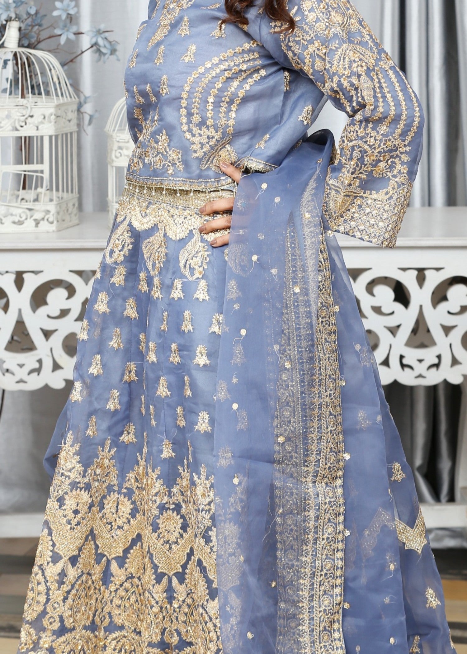 organza Lehenga in Duck egg grey