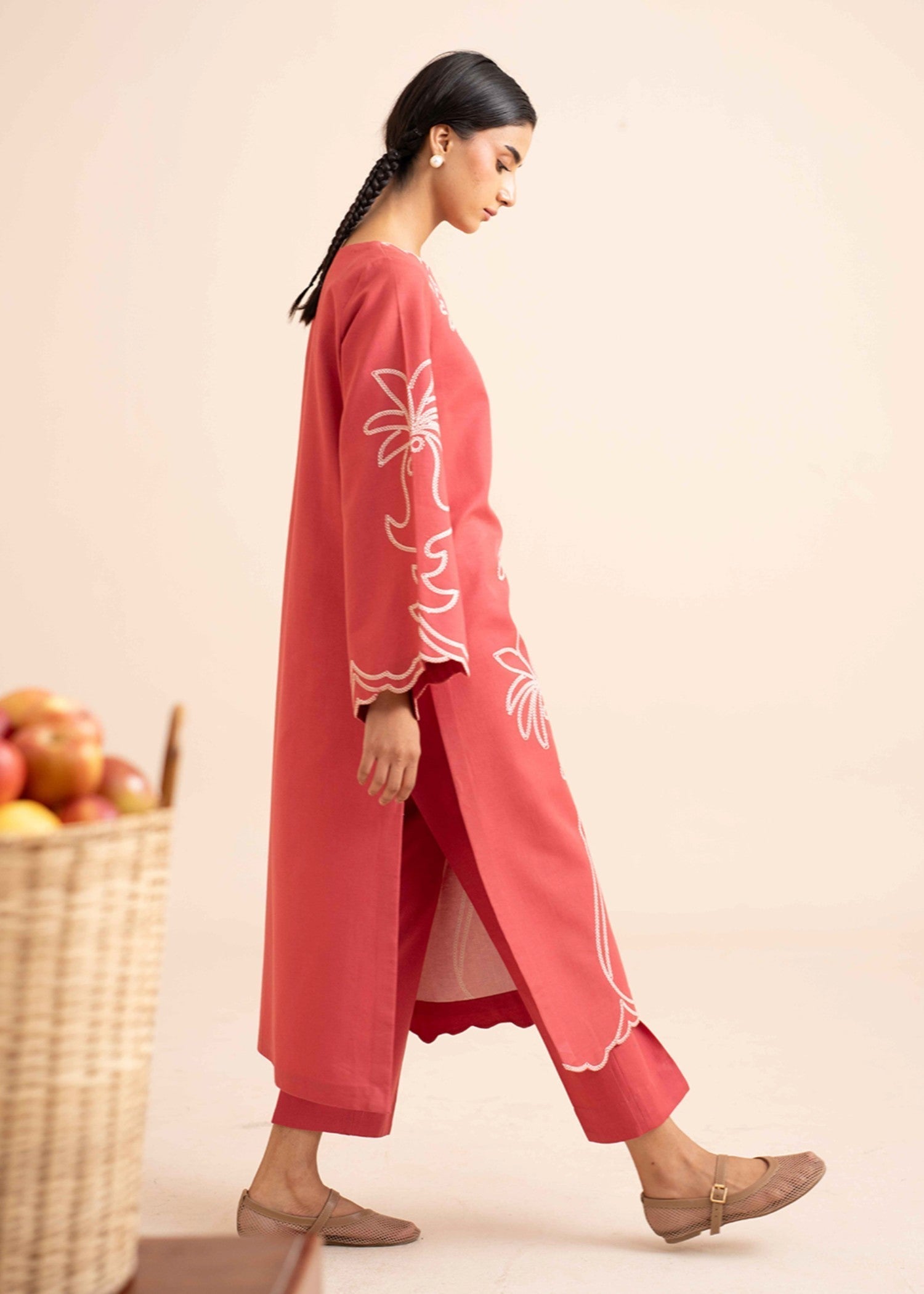 slub khaddar Kurta Set in Coral pink