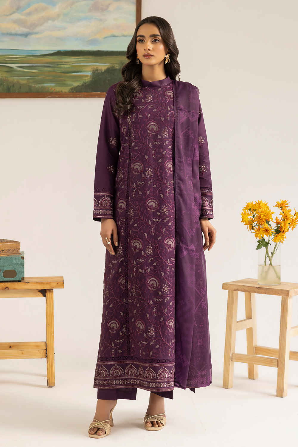 lawn Kurta Set in Plum purple