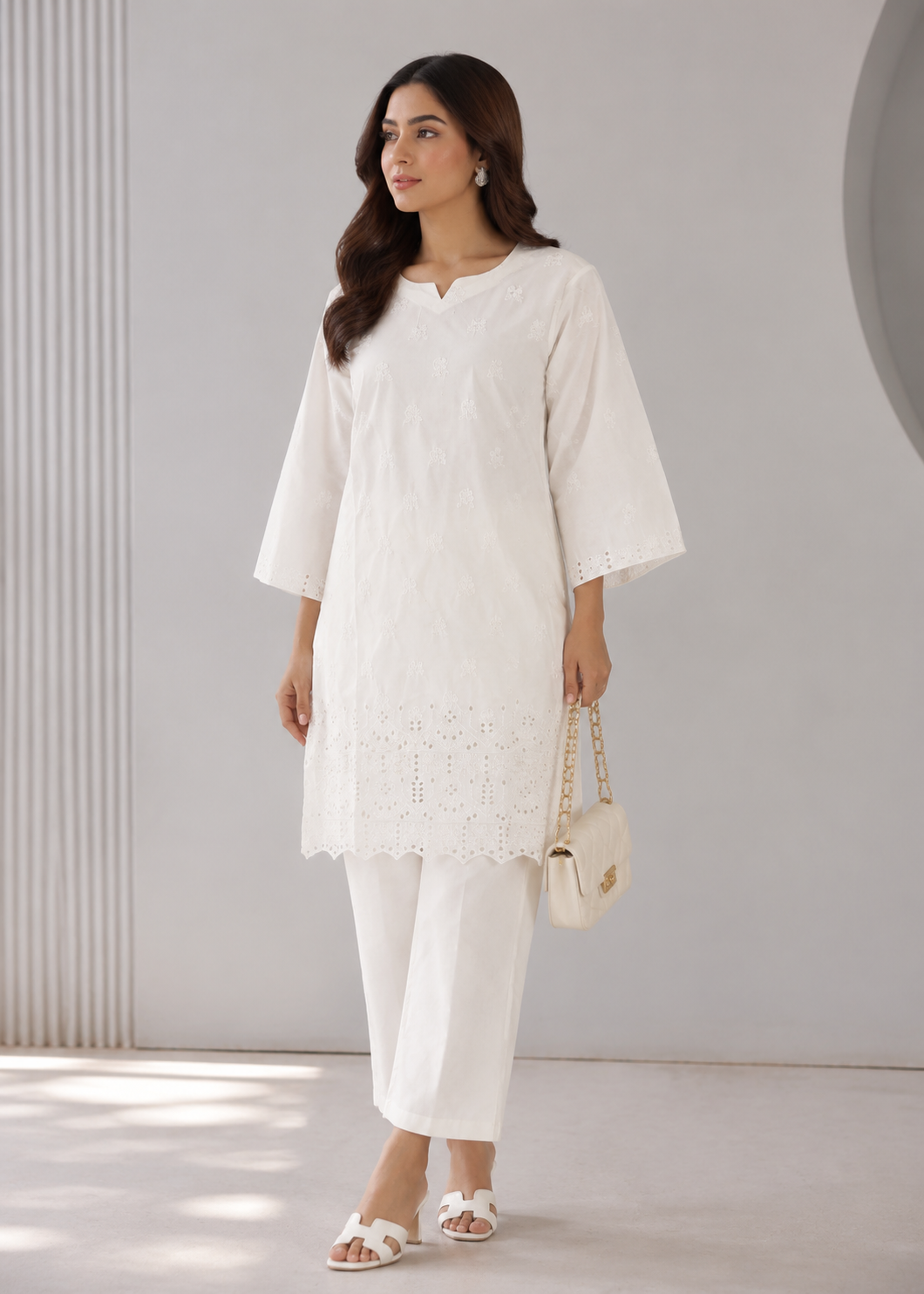 chikankari cotton Kurta Set in White