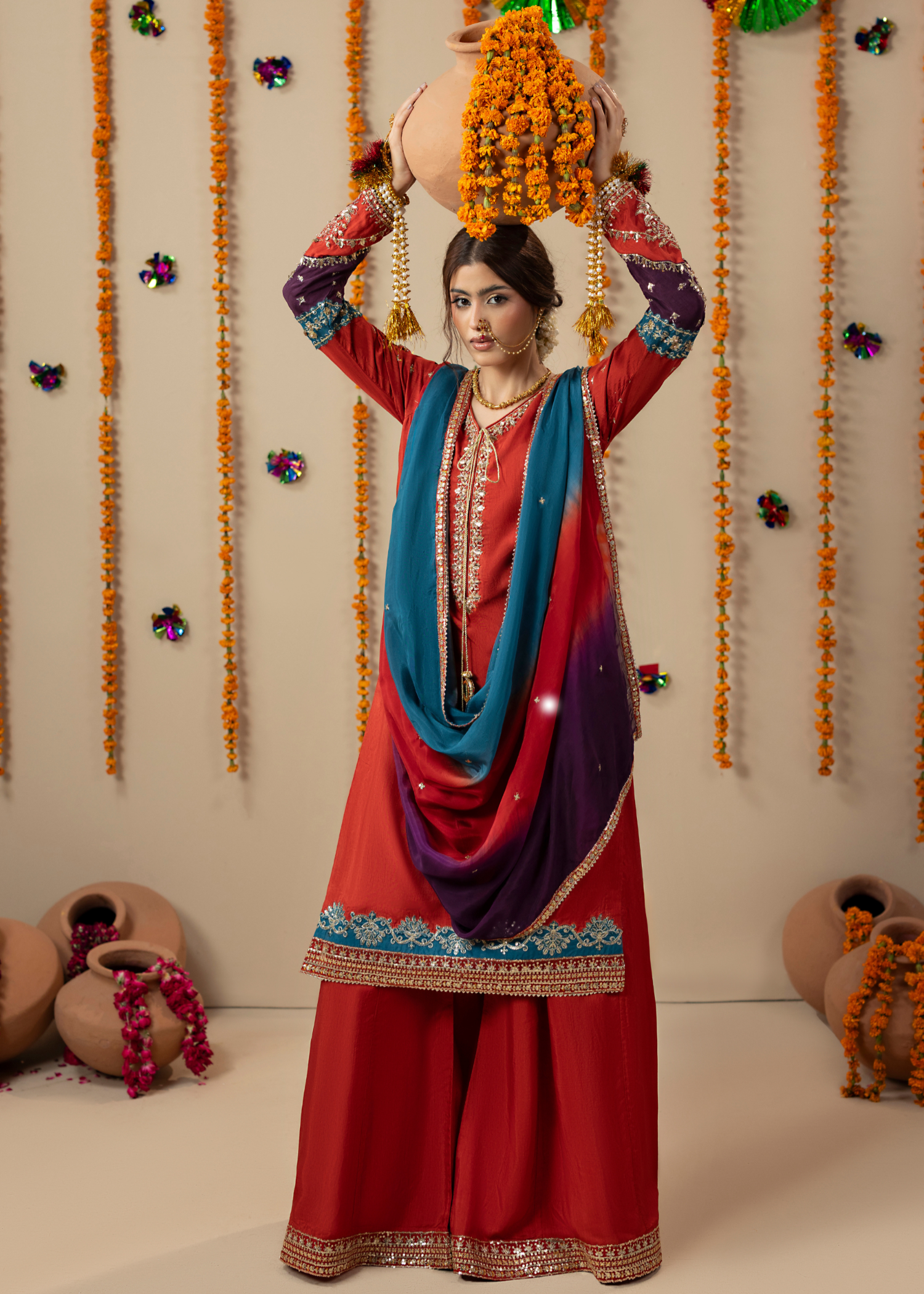 raw silk Kurta Set in Rust orange