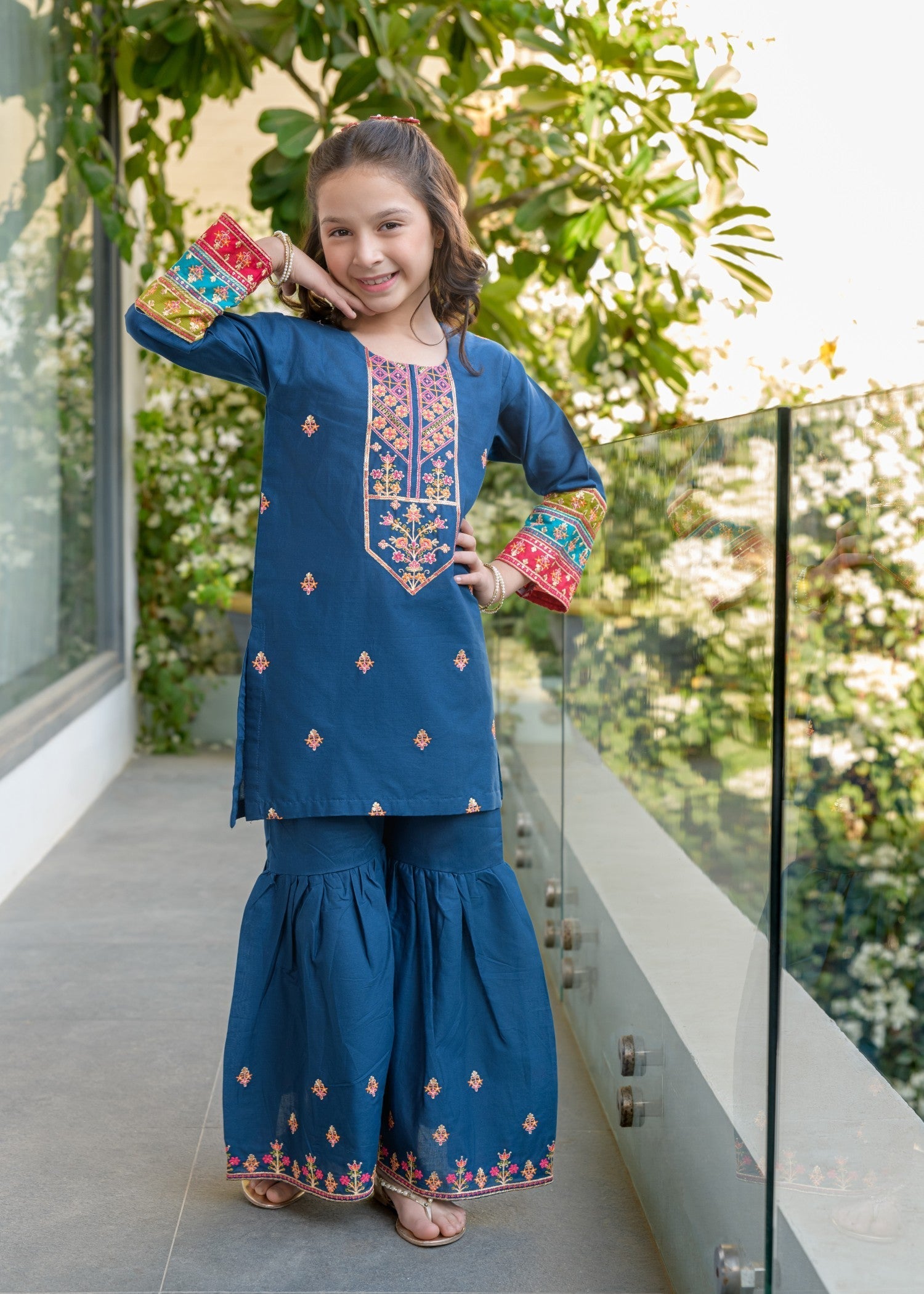 lawn Gharara in Dark blue