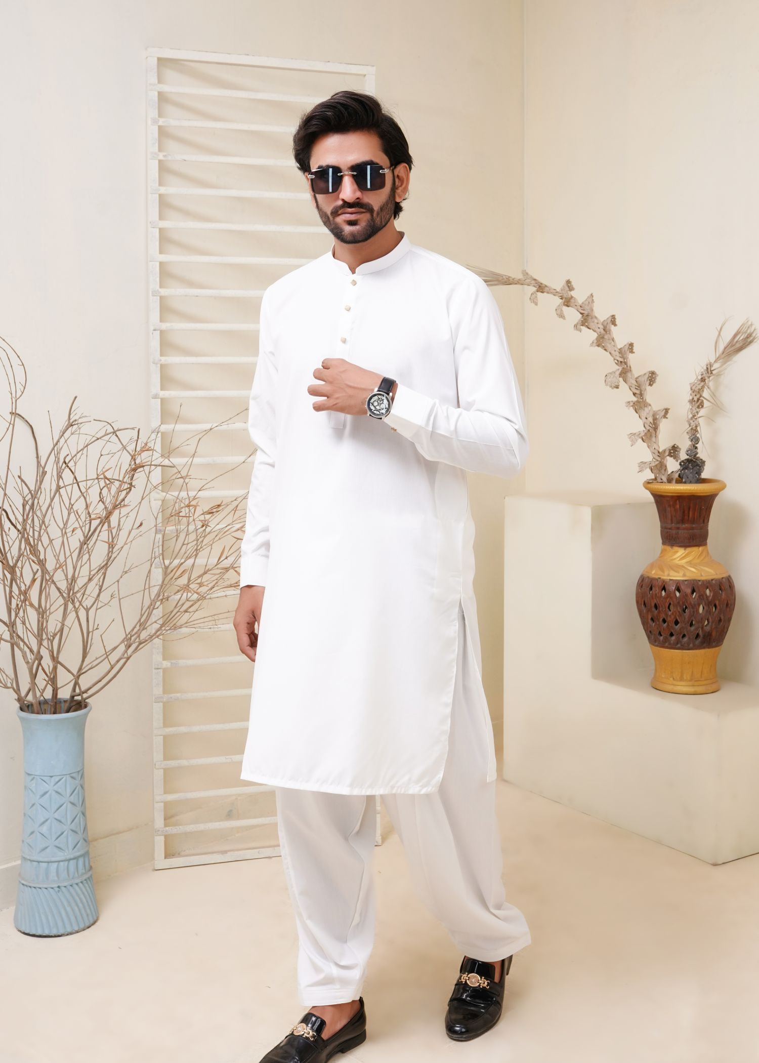 wash & wear Shalwar Kameez in White by Hassan Jee Men