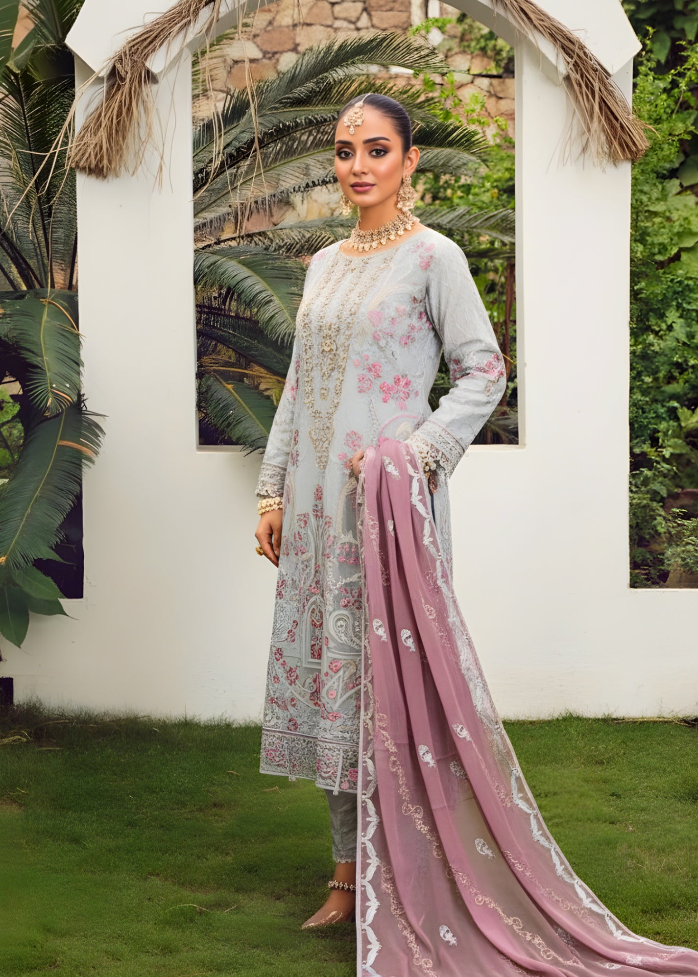 organza Kurta Set in Light grey