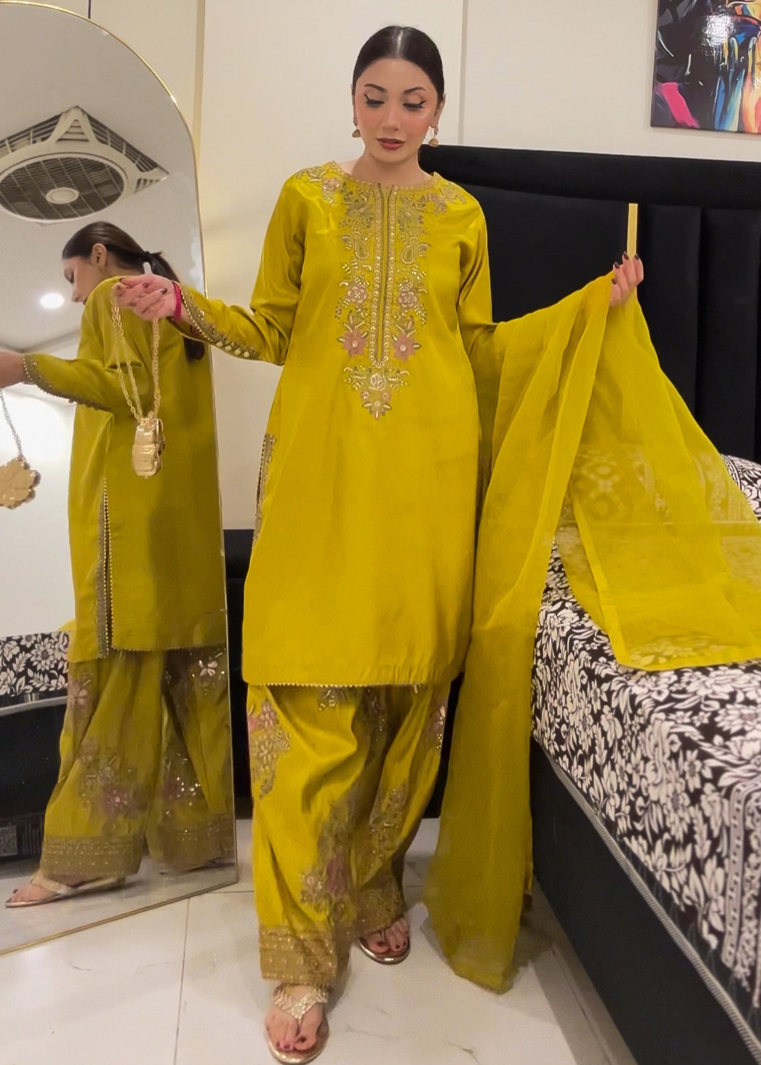 poly silk Kurta Set in Straw
