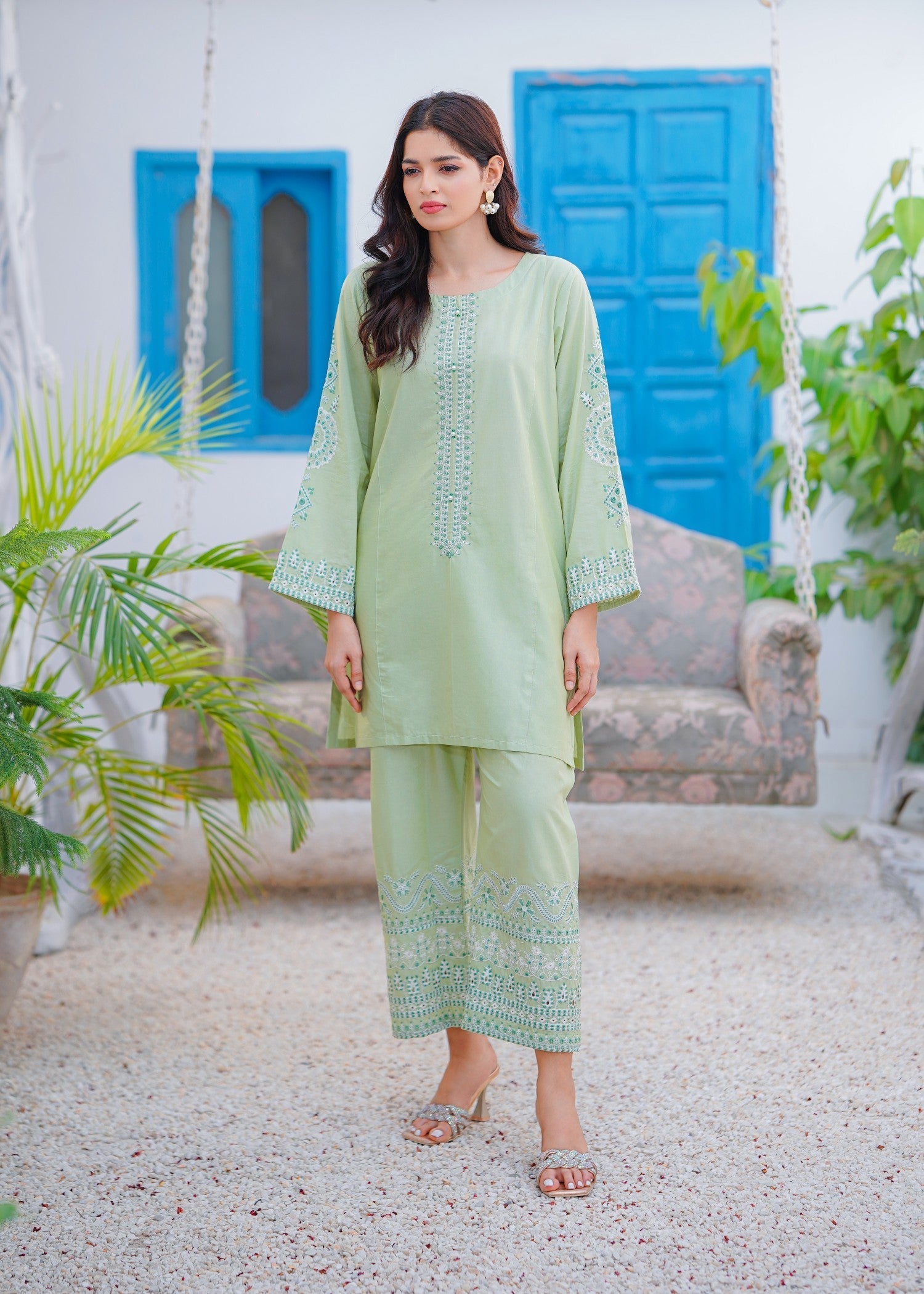 cotton Kurta Set in Tea green