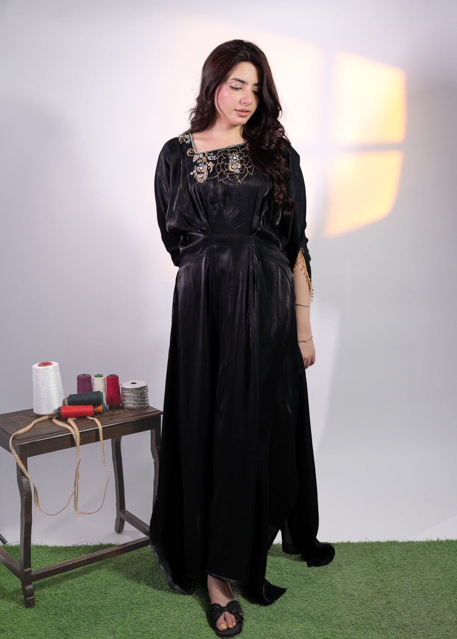 cotton silk Kaftan in Black