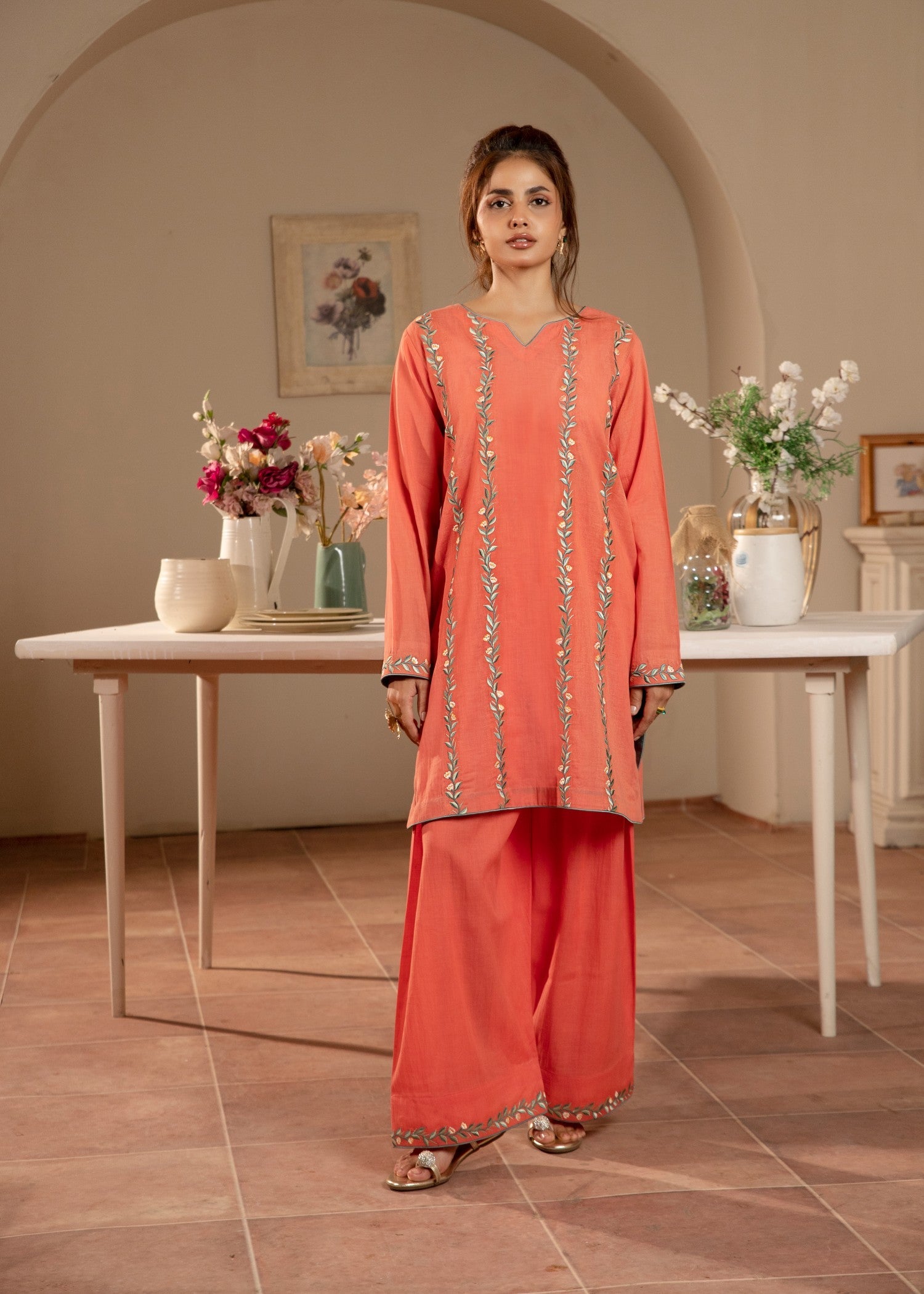 lawn Kurta Set in Sunset orange