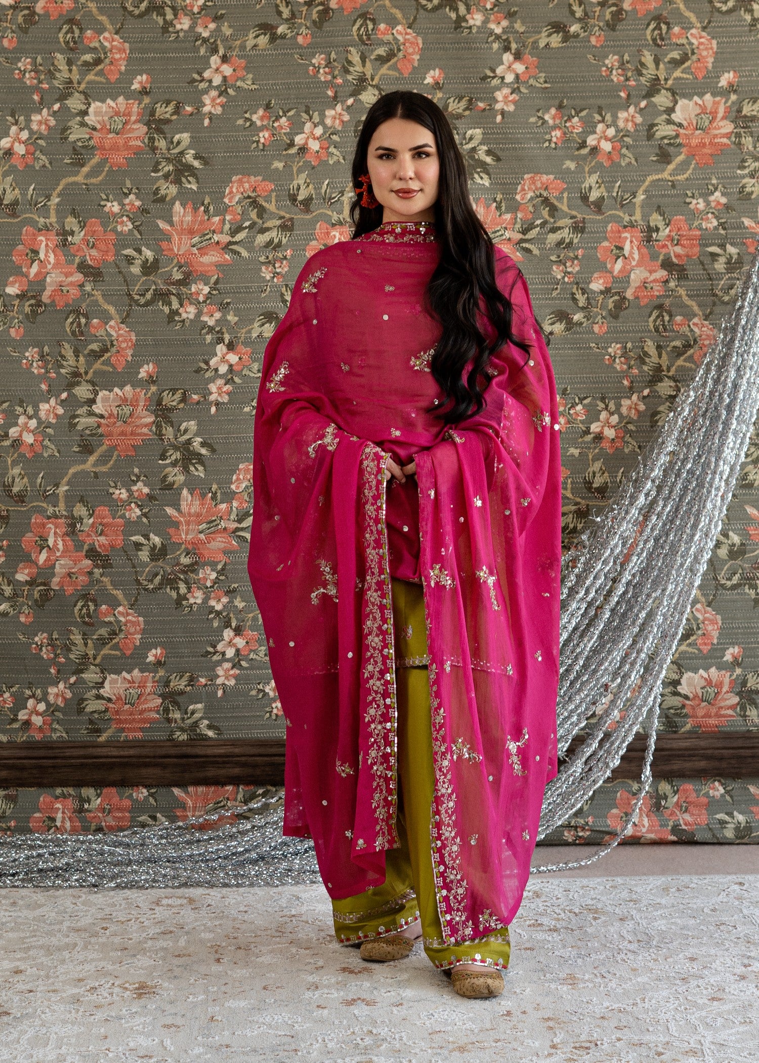 lawn Kurta Set in Shocking pink, olive green