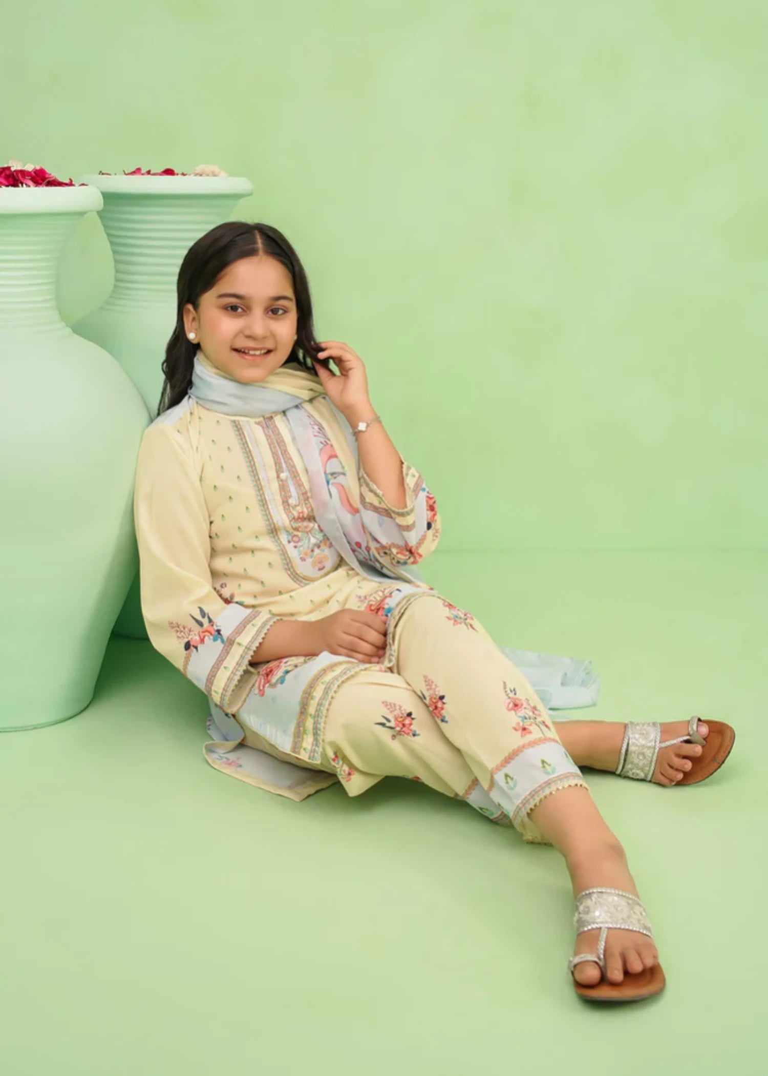 poly lawn Kurta Set in Sky blue, lemon