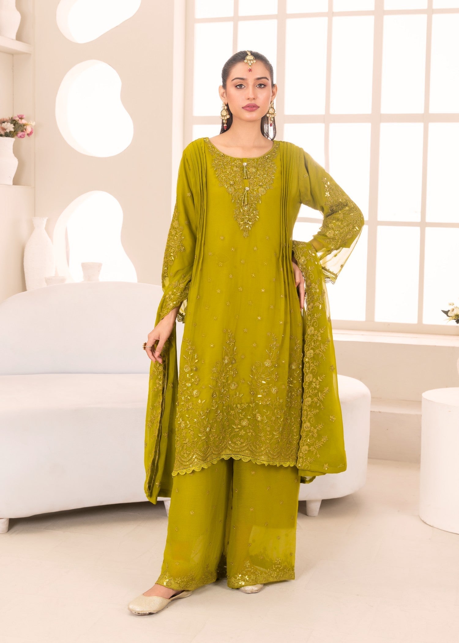 chiffon Pishwas in Yellow green