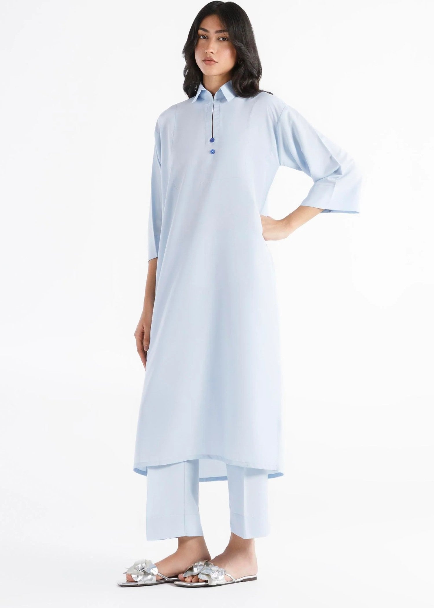 linen Kurta Set in Light blue