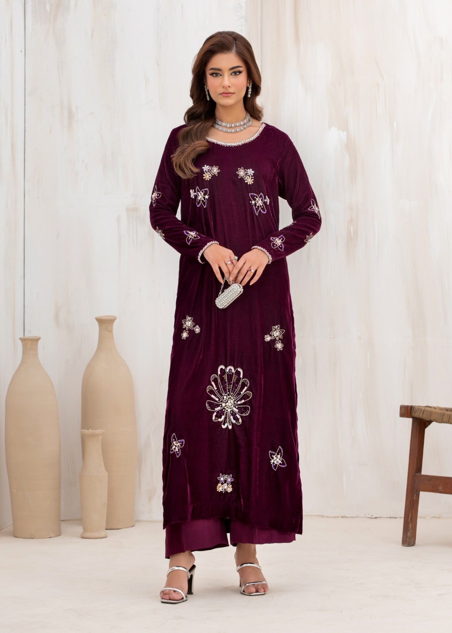 korean raw silk Kurta Set in Deep purple
