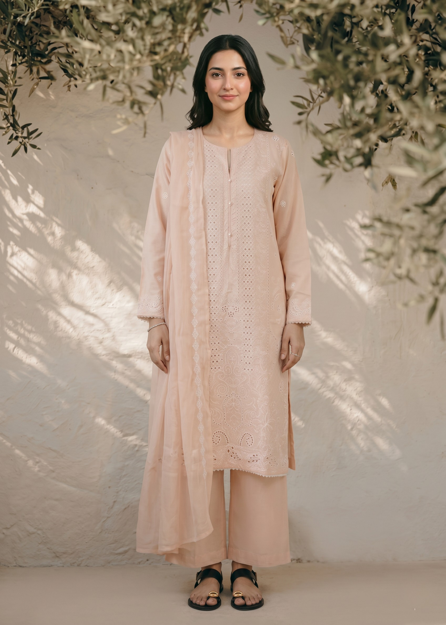 textured lawn Kurta Set in Baby pink