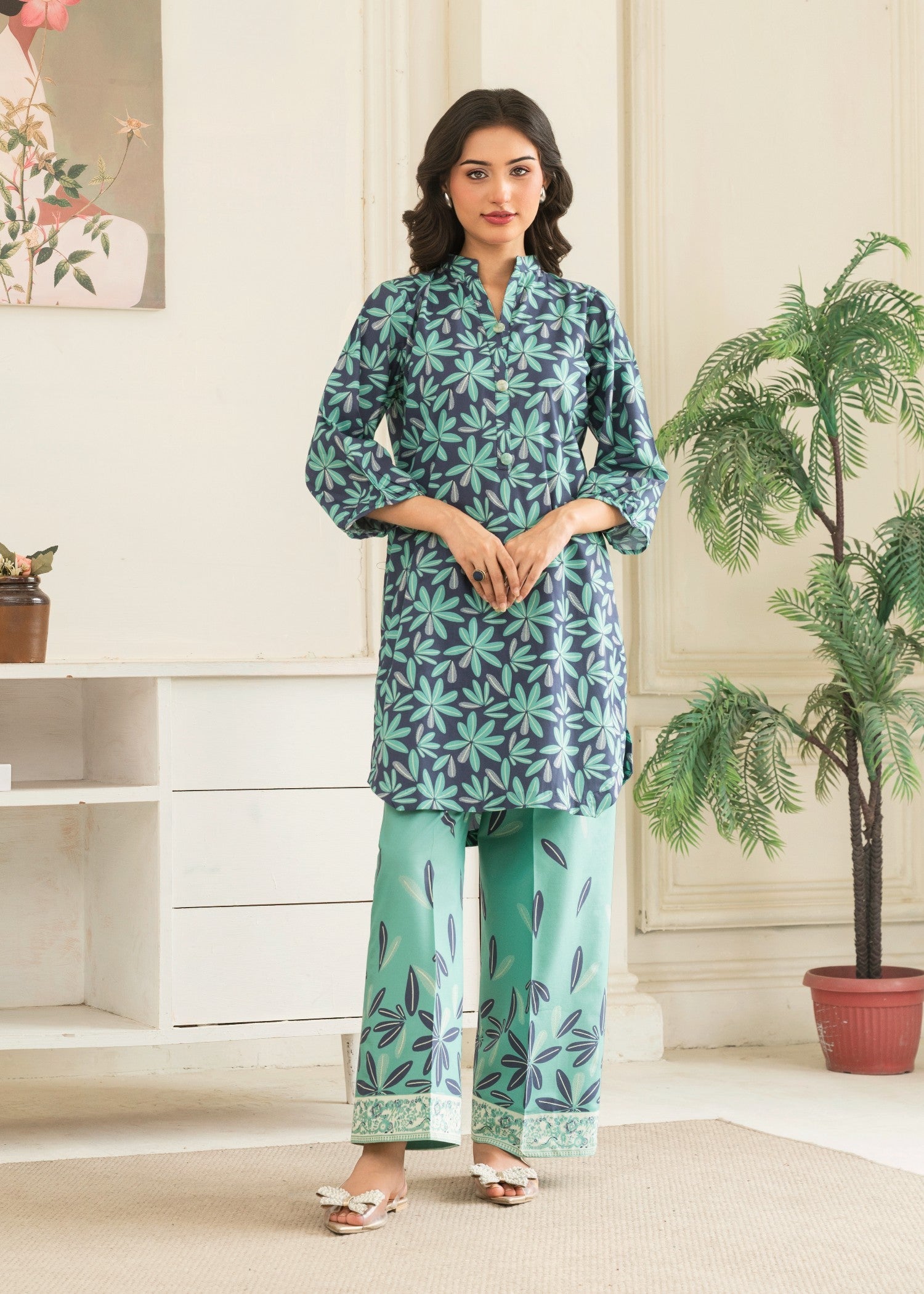 cotton Kurta Set in Turquoise, navy blue