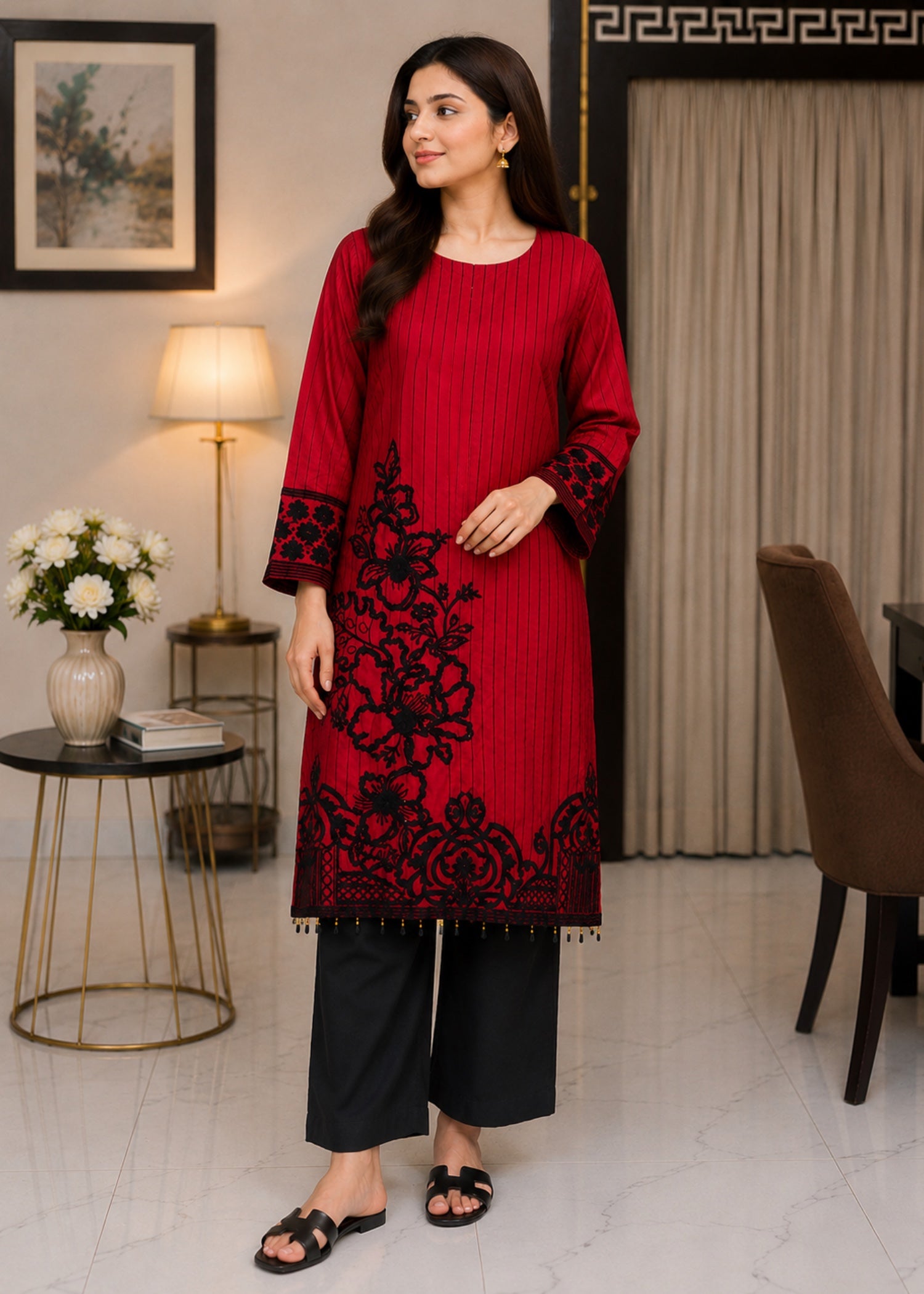 satin silk Kurta Set in Black, crimson