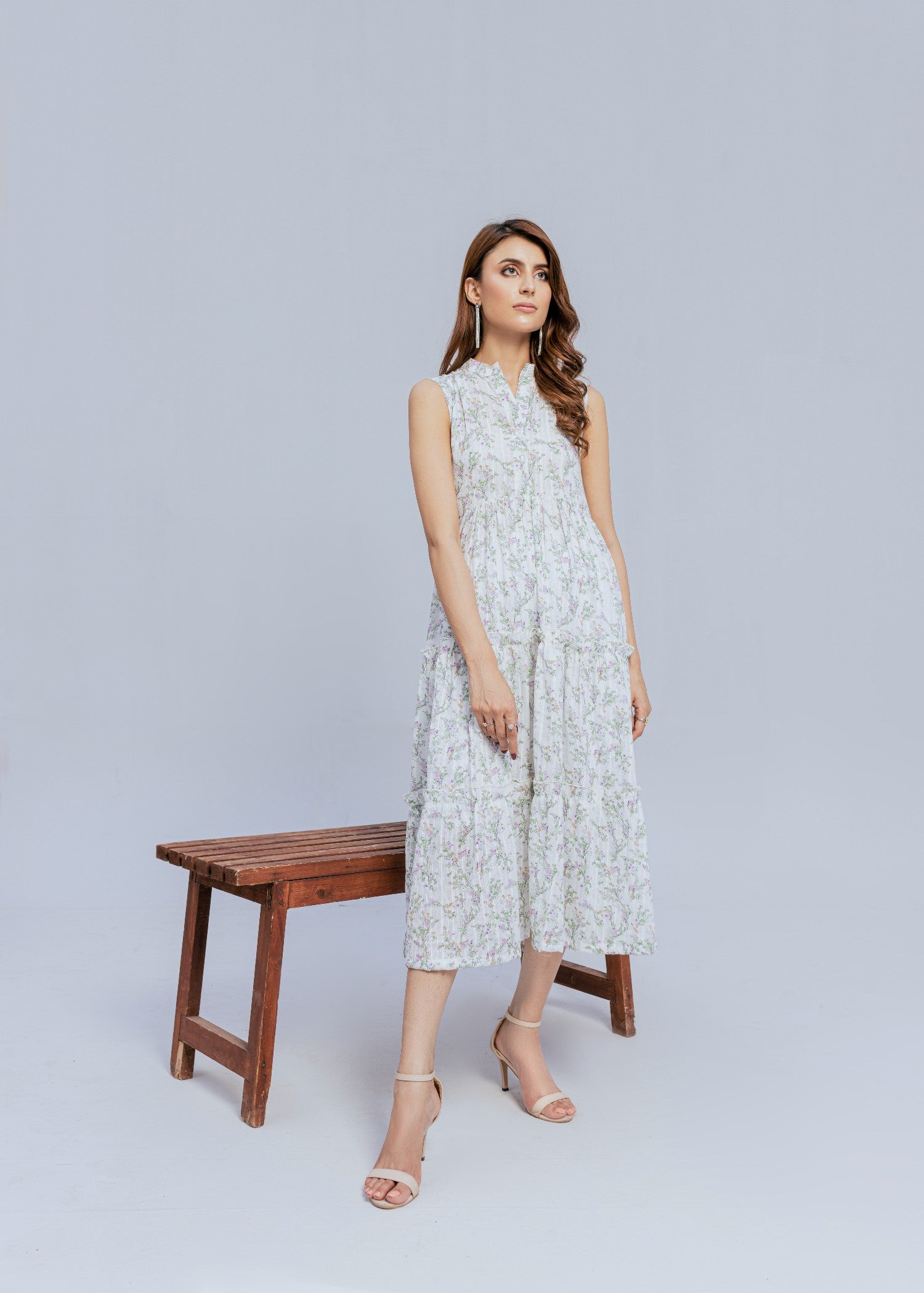 textured lawn Dress in White