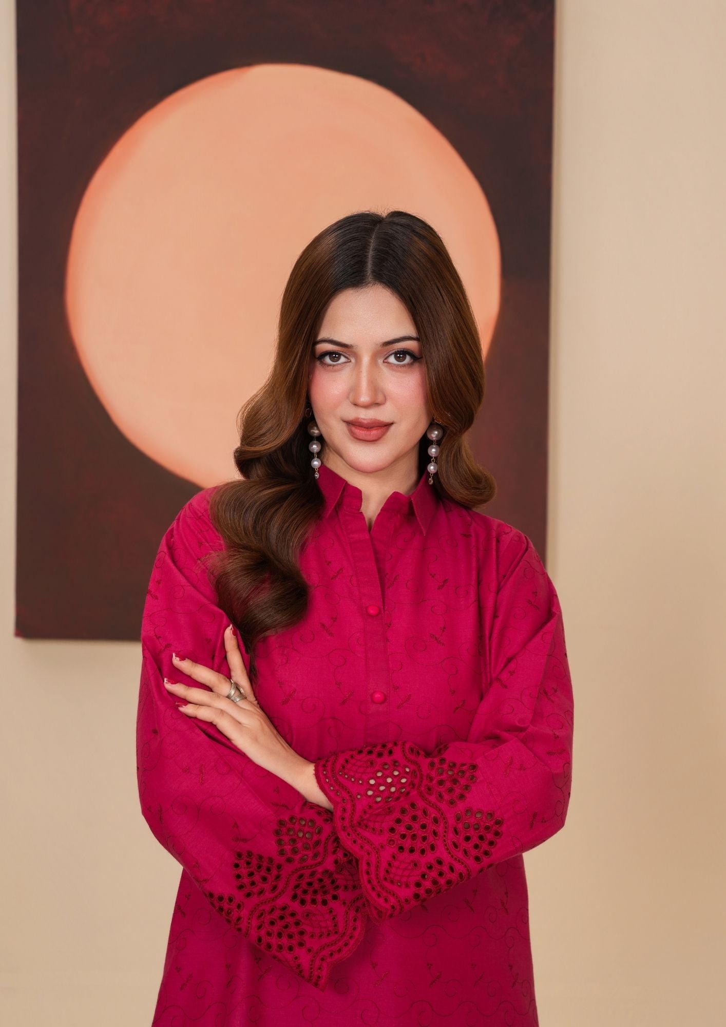 cambric Kurta Set in Rose red
