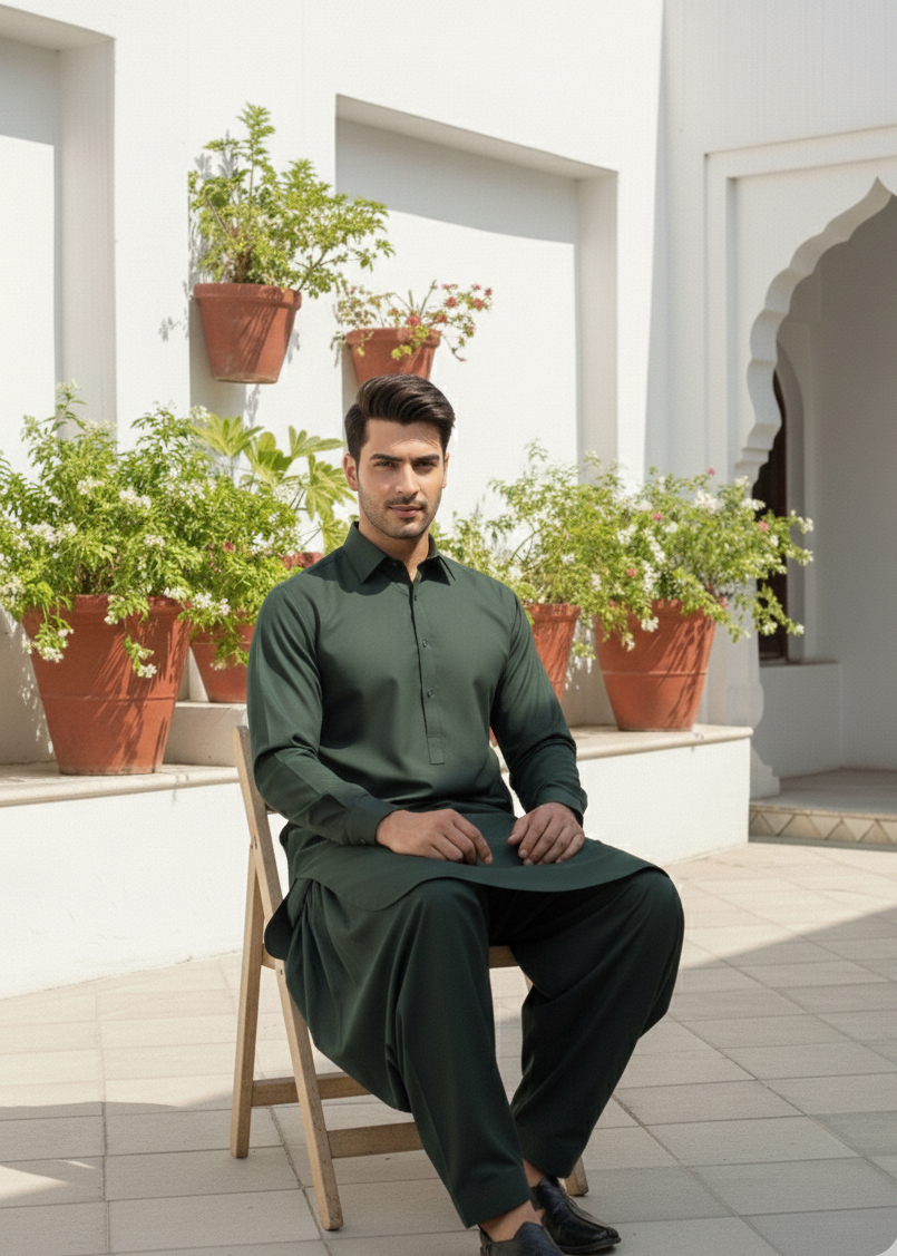 wash & wear Shalwar Kameez in Green, dark green