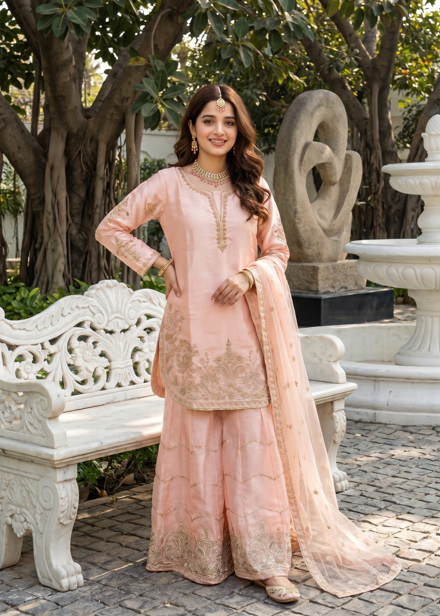 tissue silk Sharara in Peach pink