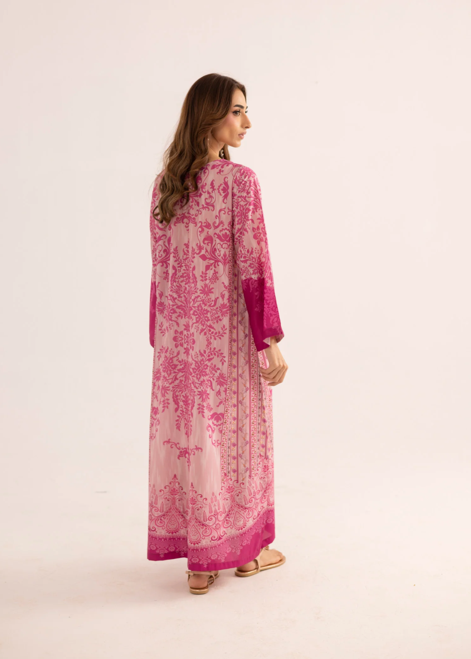 silk finish lawn Kaftan in Watermelon pink