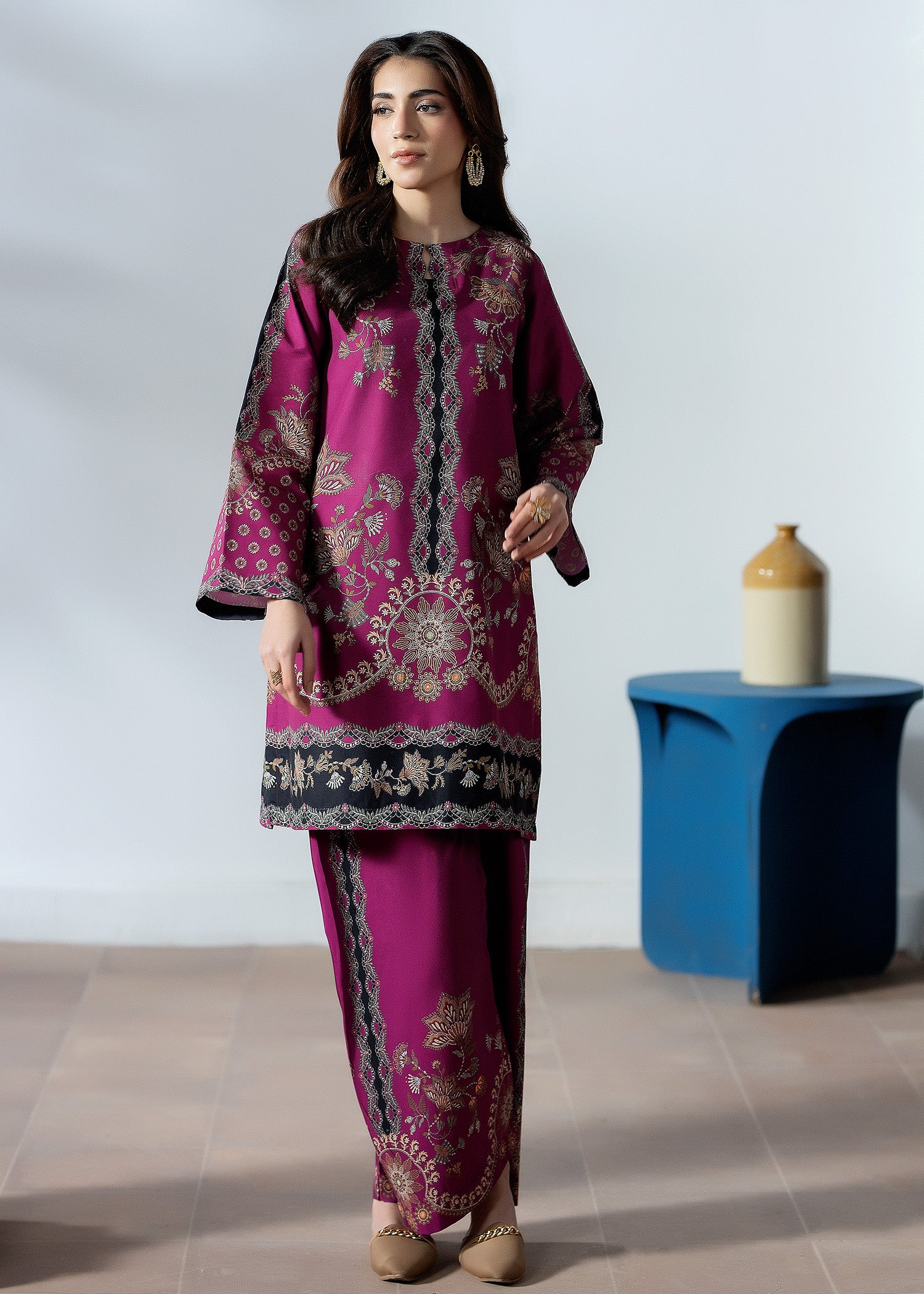 silk finish lawn Co Ord Sets in Plum purple