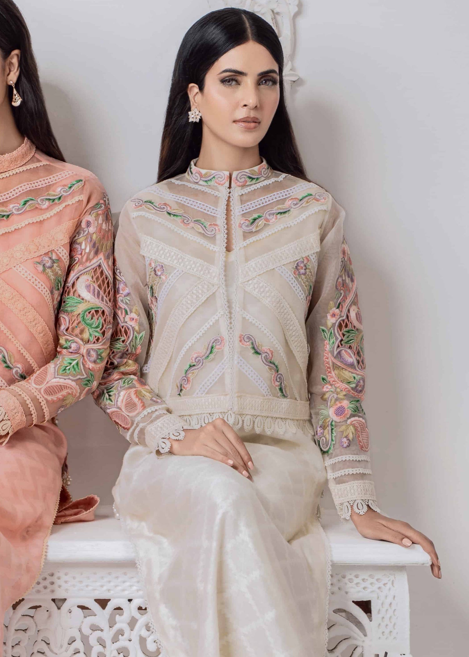 khaddi net Jacket in Ivory