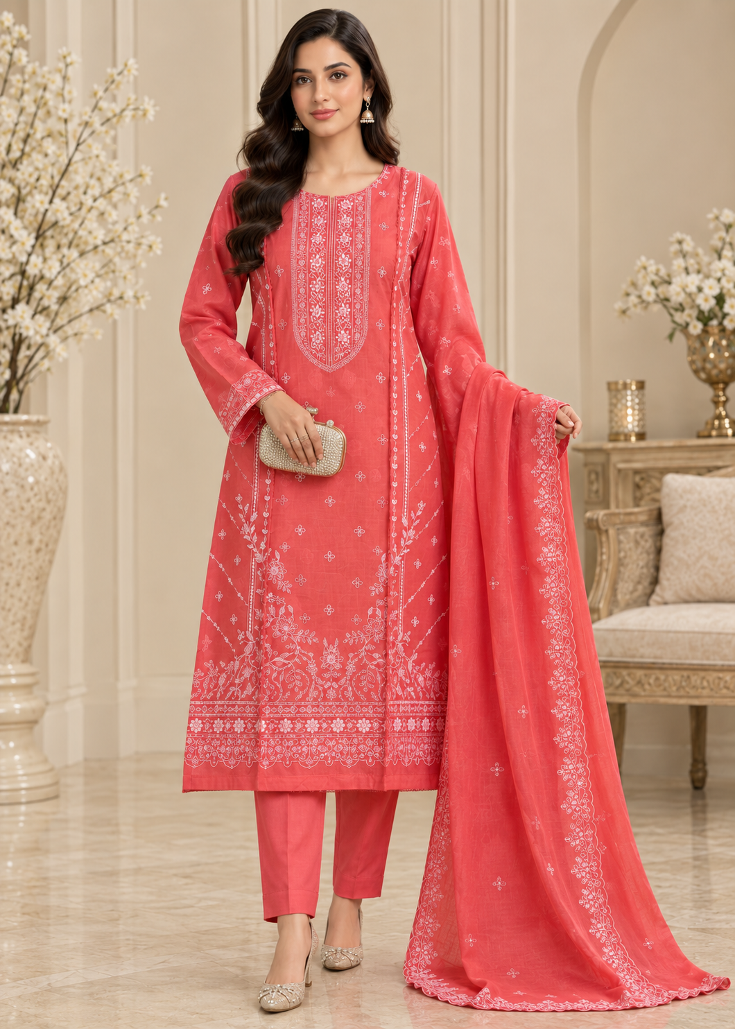 lawn cotton Kurta Set in Coral pink