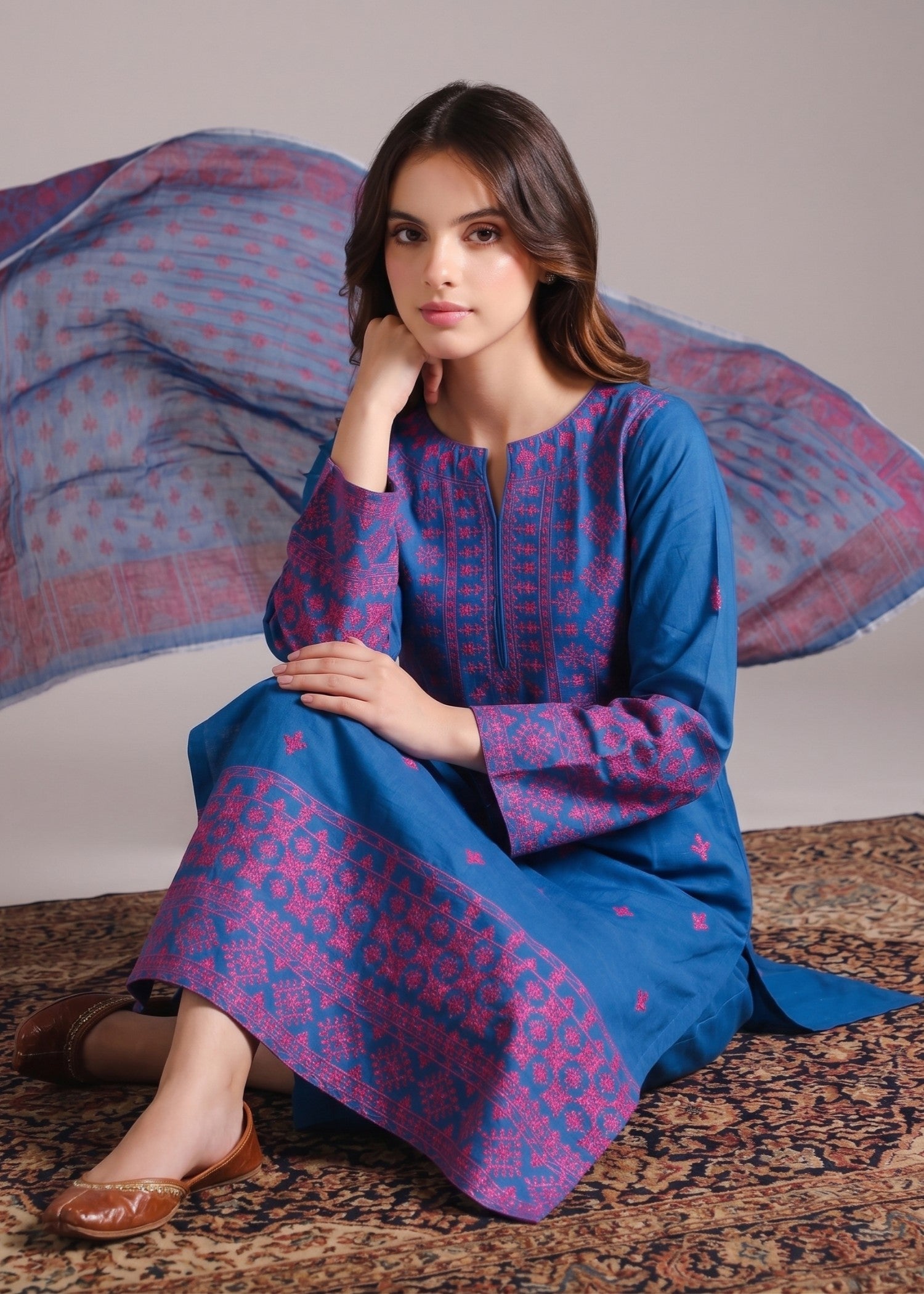 lawn cotton Kurta Set in Cerulean