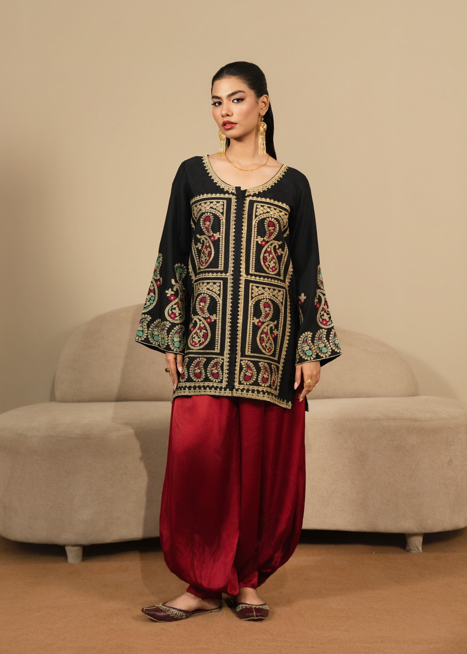 silk Kurta Set in Black, maroon
