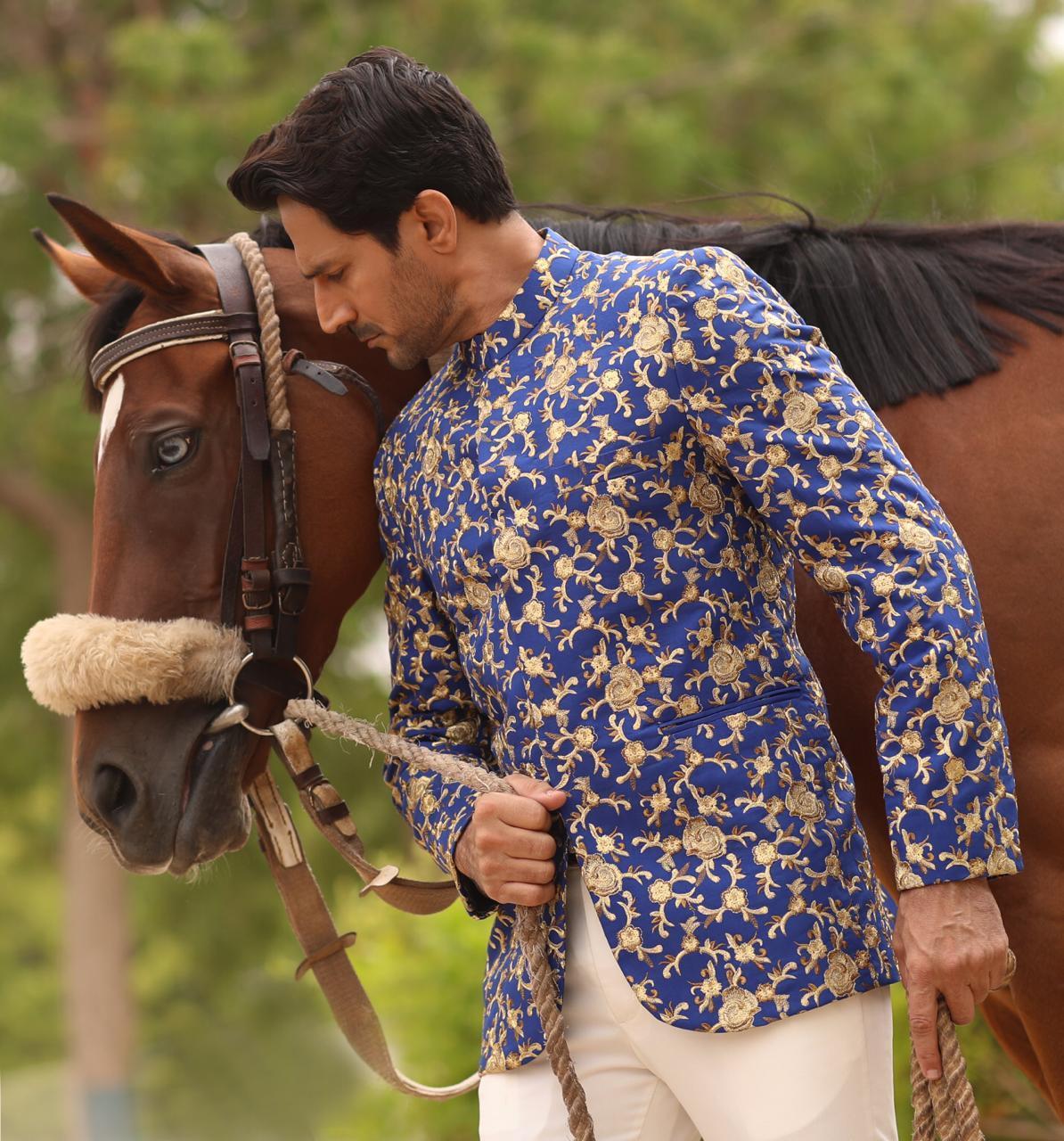 banarsi silk Prince Coat in Blue